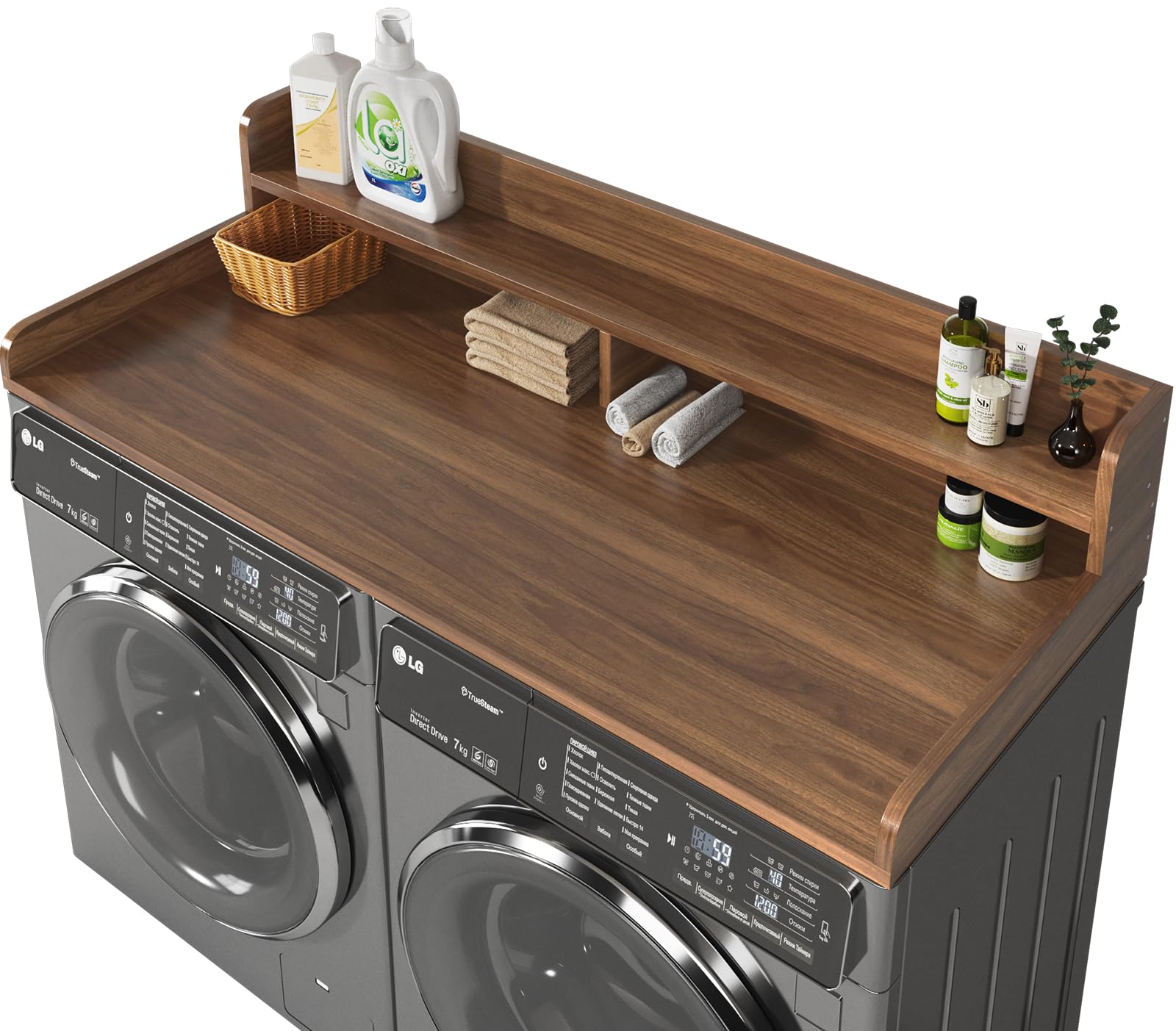 Photo 1 of ***MAJOR DAMAGE*** ***MISSING PARTS*** BigPonPon 2-Tier Washer and Dryer Countertop,2.75" H Guard,58" W x 28" D Laundry Countertop Cover with Non-Slip Pad,Large Space Laundry Topper for Folding Clothes Over Washer and Dryer-Dark Walnut