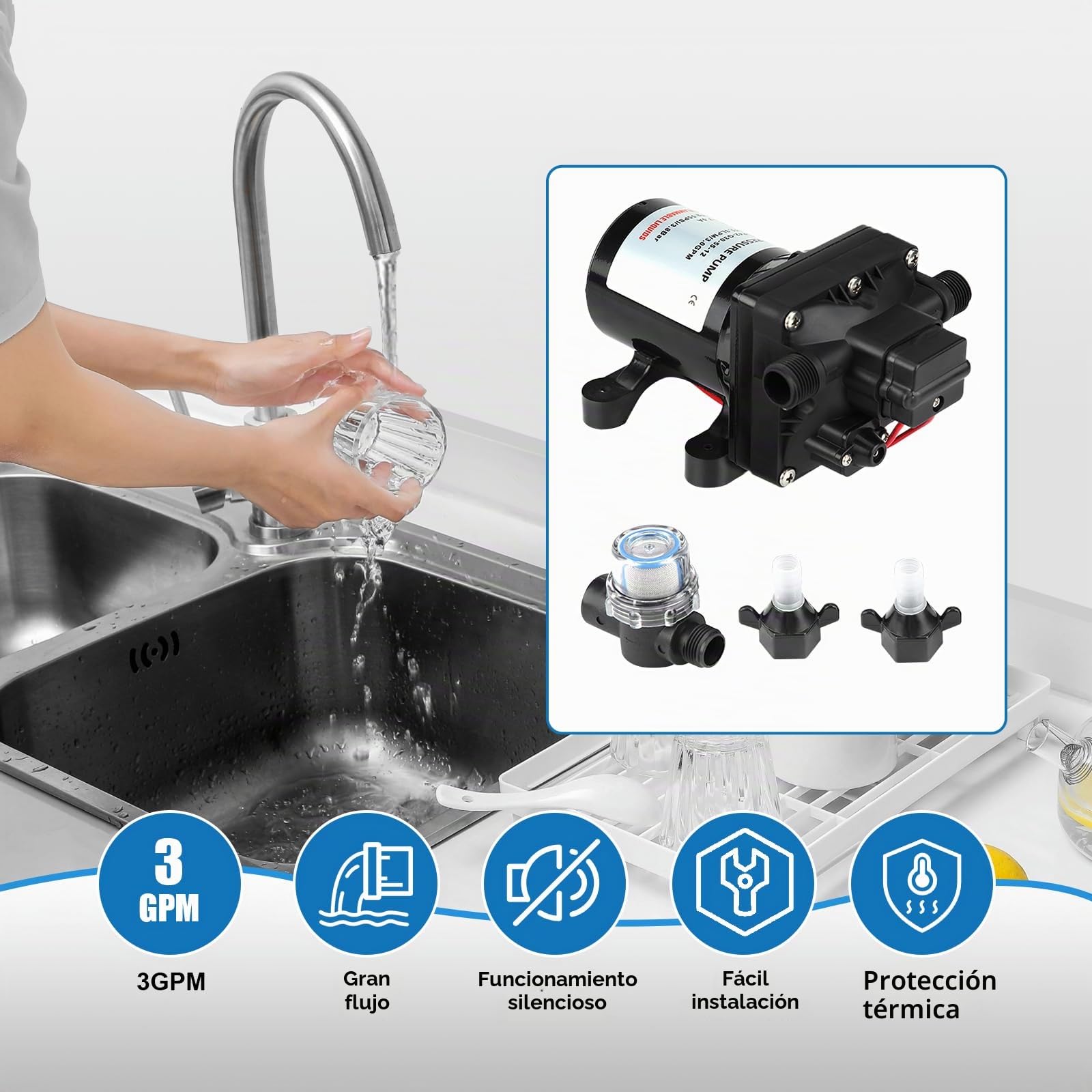 4008-101-E65, Dispensadores de Agua Fría y Caliente, 55 Psi, 3 Galones por Minuto, 7,5 Amperios, 12 V Caravana, Caravana, Bomba de Agua Autocebante 4008101E65