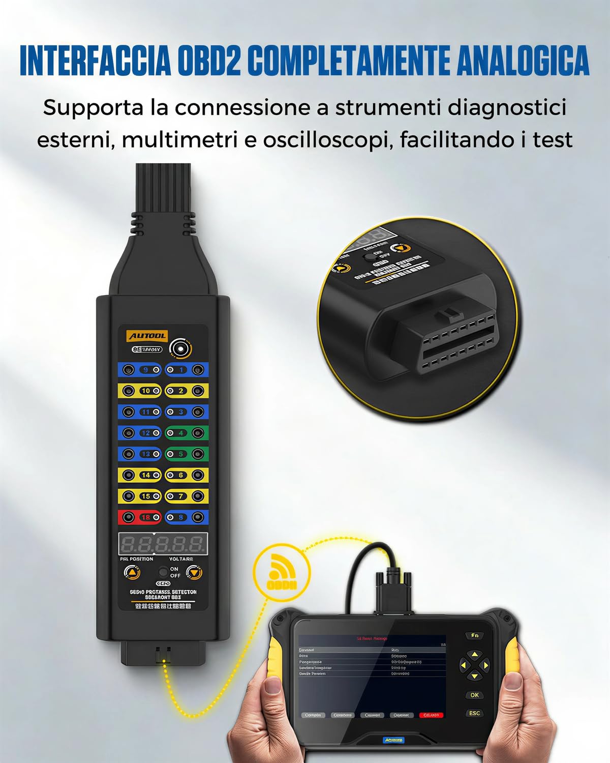 AUTOOL Scatola derivazione OBD2, Rilevatore Protocollo OBD II Auto con Display Tensione, Connettore 16 pin, LED e Ponticelli, Compatibile con Scanner, Multimetro per Diagnosi Elettrica Veicoli