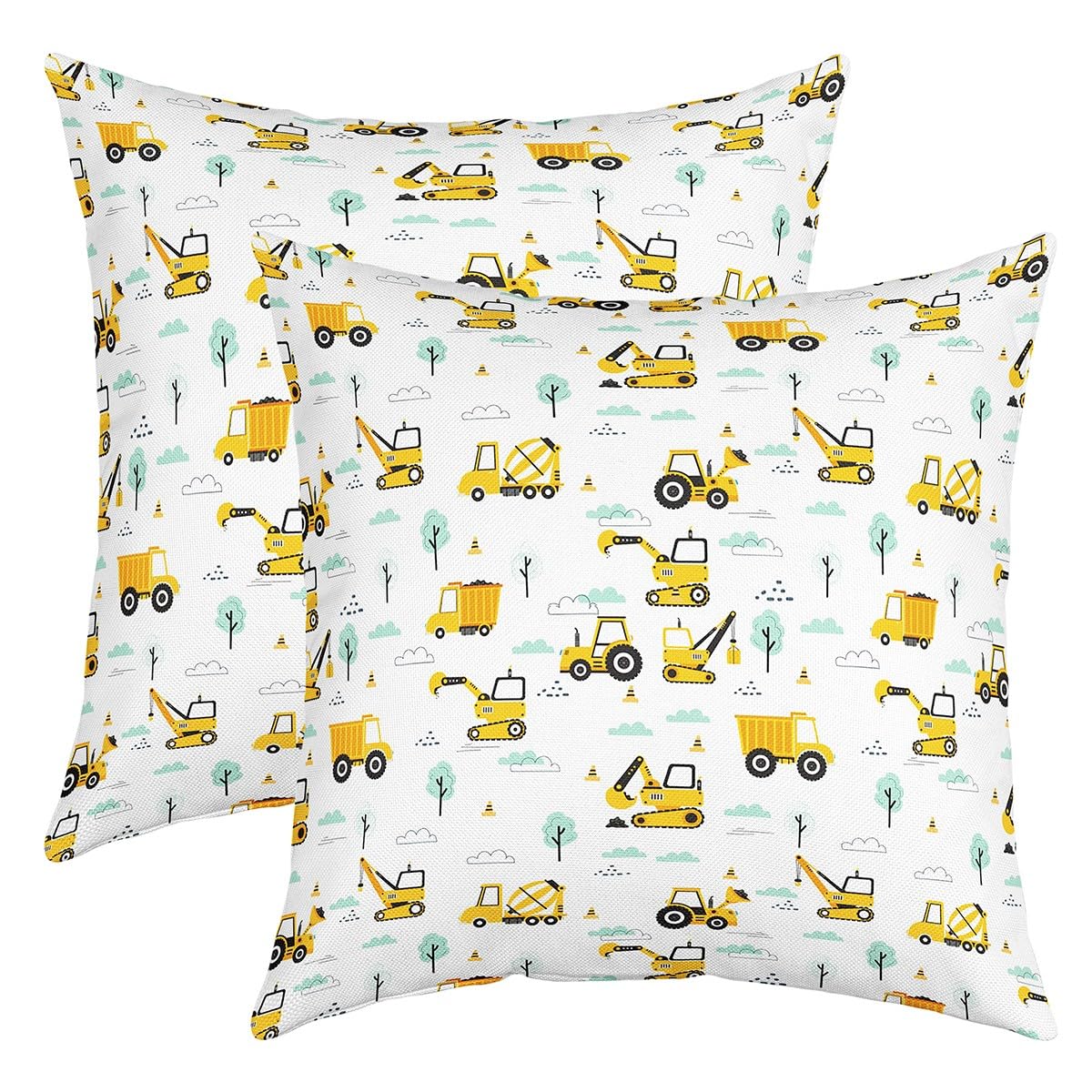 Construction Vehicles Reversible Throw Pillow Covers 18x18 Inch Kids Excavator Pillow Covers Home Decor for Teens Equipment Trucks Square Cushion Covers Set of 2 Cartoon Car Kawaii Cloudy โ image 1