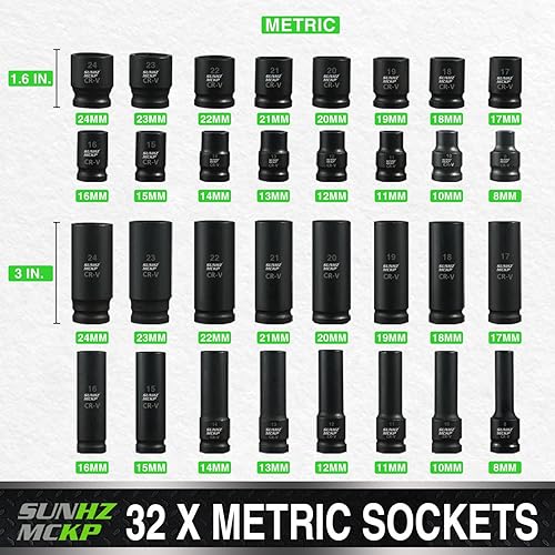 Miniatura 2 de SUNHZMCKP Juego de llaves de impacto de 12 pulgada, 66 piezas SAE estándar (38"-1-14") y métricas (0.315-0.945 in), kit de enchufes poco