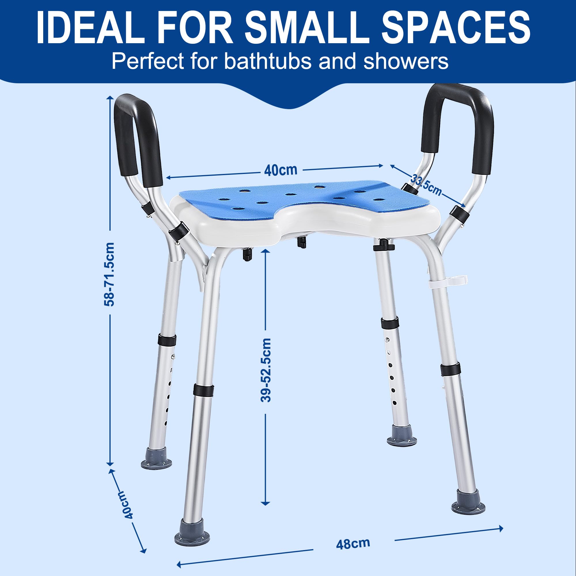 Sedia per Doccia con Braccioli Altezza Regolabile 39-52.5 cm, Sgabello Doccia Forma a U Antiscivolo per Anziani Disabili Sedile Sgabello da Bagno in Alluminio portata fino a 150 kg