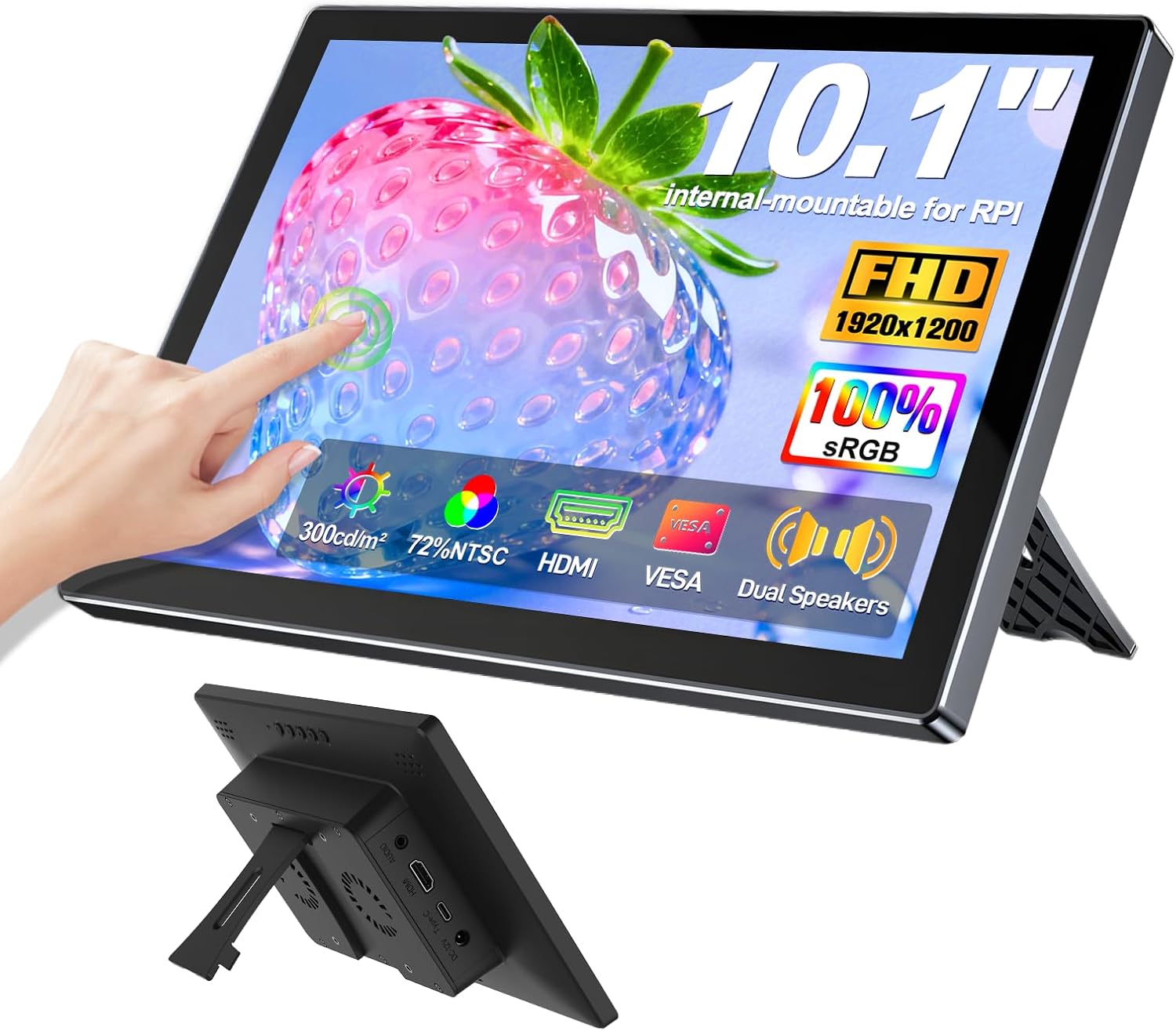 10.1 Inch Touchscreen Monitor Compatible with Raspberry Pi, Built-in Enclosure, 1920x1200 IPS Portable HDMI Touch Screen Display for Raspberry Pi 5/4B/3B+/3B/B+ Jetson Nano PC Win11/10/8/7
