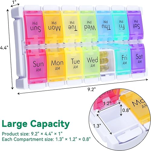 Miniatura 6 de MERICARGO Organizador semanal de pastillas 2 veces al día, pastillero grande fácil de llenar 7 días, organizador de medicamentos Am Pm, pastillero