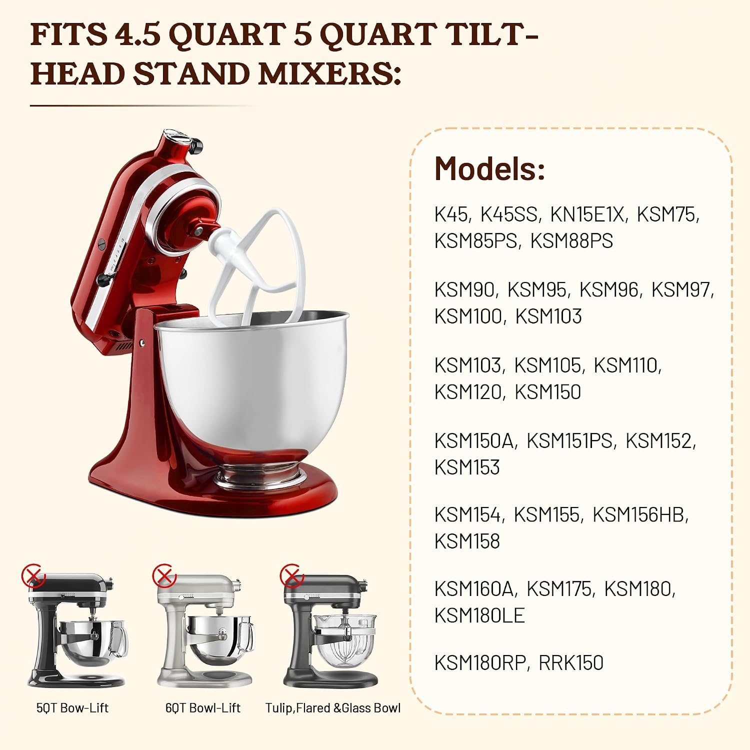 Coated Flat Beater K45B for KitchenAid 4.5‑5QT Tilt‑Head Stand Mixer image 2