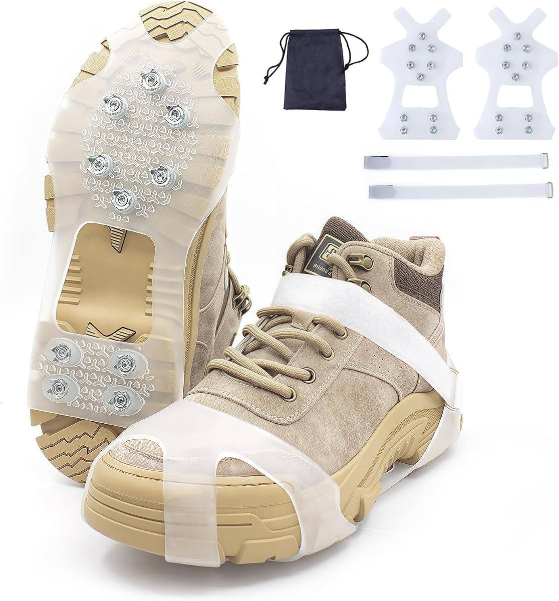 White Translucent Ice Cleats with 10 Steel Spikes,Crampons for Shoes and Boots,Anti Slip Crampons for Hiking,Snow & Ice Walking,Climbing,Jogging,Ice Fishing