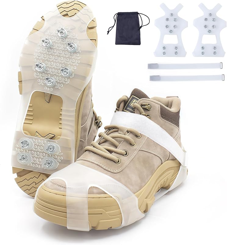 White Translucent Ice Cleats with 10 Steel Spikes,Crampons for Shoes and Boots,Anti Slip Crampons for Hiking,Snow & Ice Walking,Climbing,Jogging,Ice Fishing