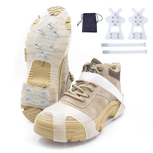 White Translucent Ice Cleats with 10 Steel Spikes,Crampons for Shoes