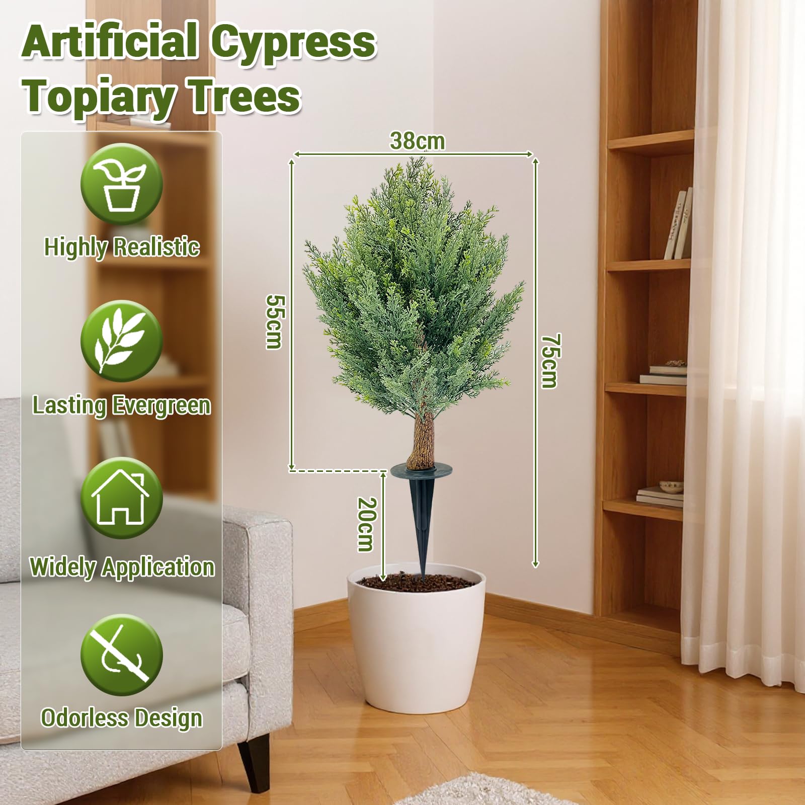 2er Set Künstliche Zypressen-Kugelbäume 76 cm – UV-beständig & farbecht – mit Erdspieß – Outdoor/Indoor Deko für Eingangsbereich, Veranda, Terrasse & Garten – Body