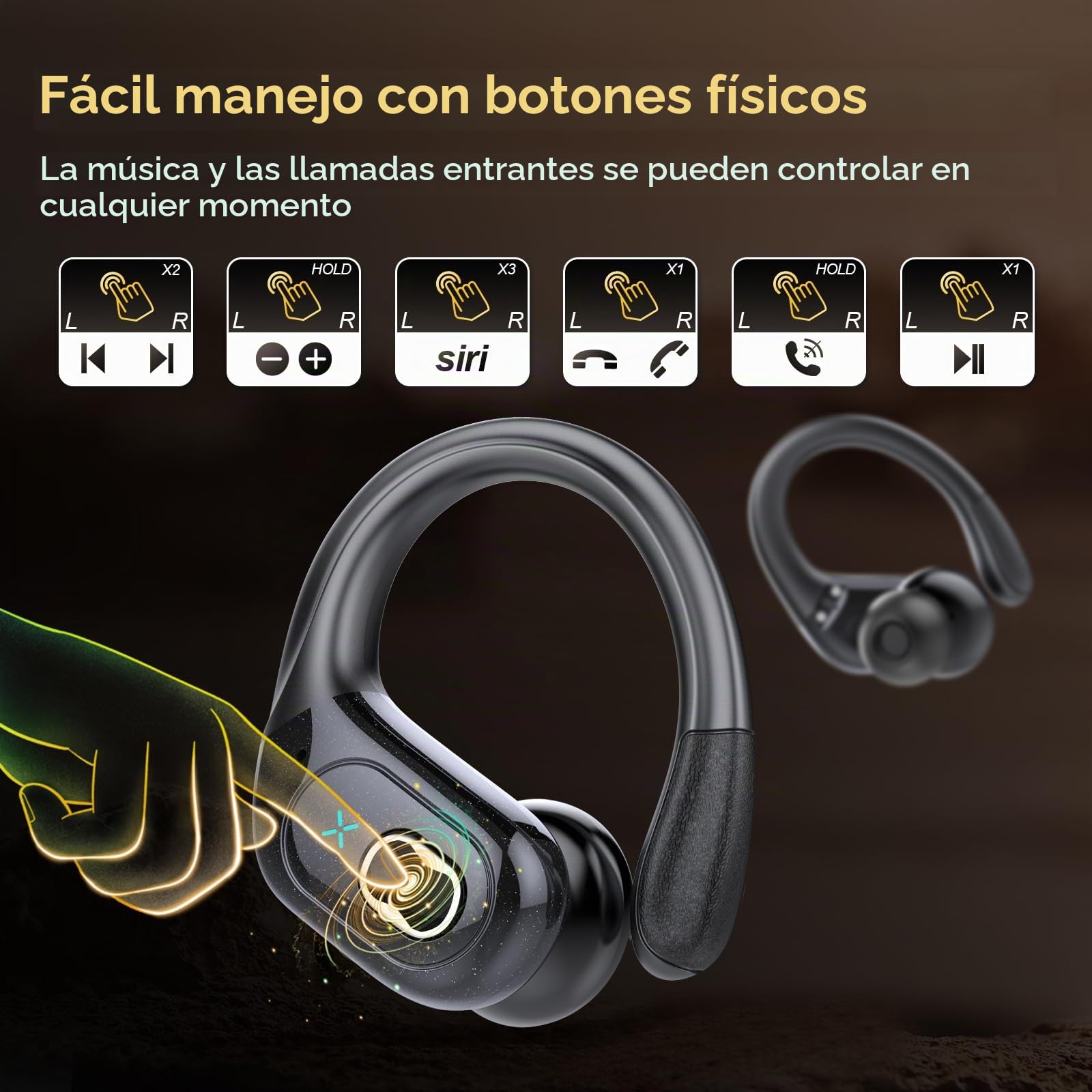 Auriculares Inalámbricos Deportivos, Auriculares Bluetooth 5.4 con App Inteligente y ENC Mic, 75H Cascos Inalambricos con Pantalla LED Digital, IP7 Impermeable Cascos para Gym y Running, Negro