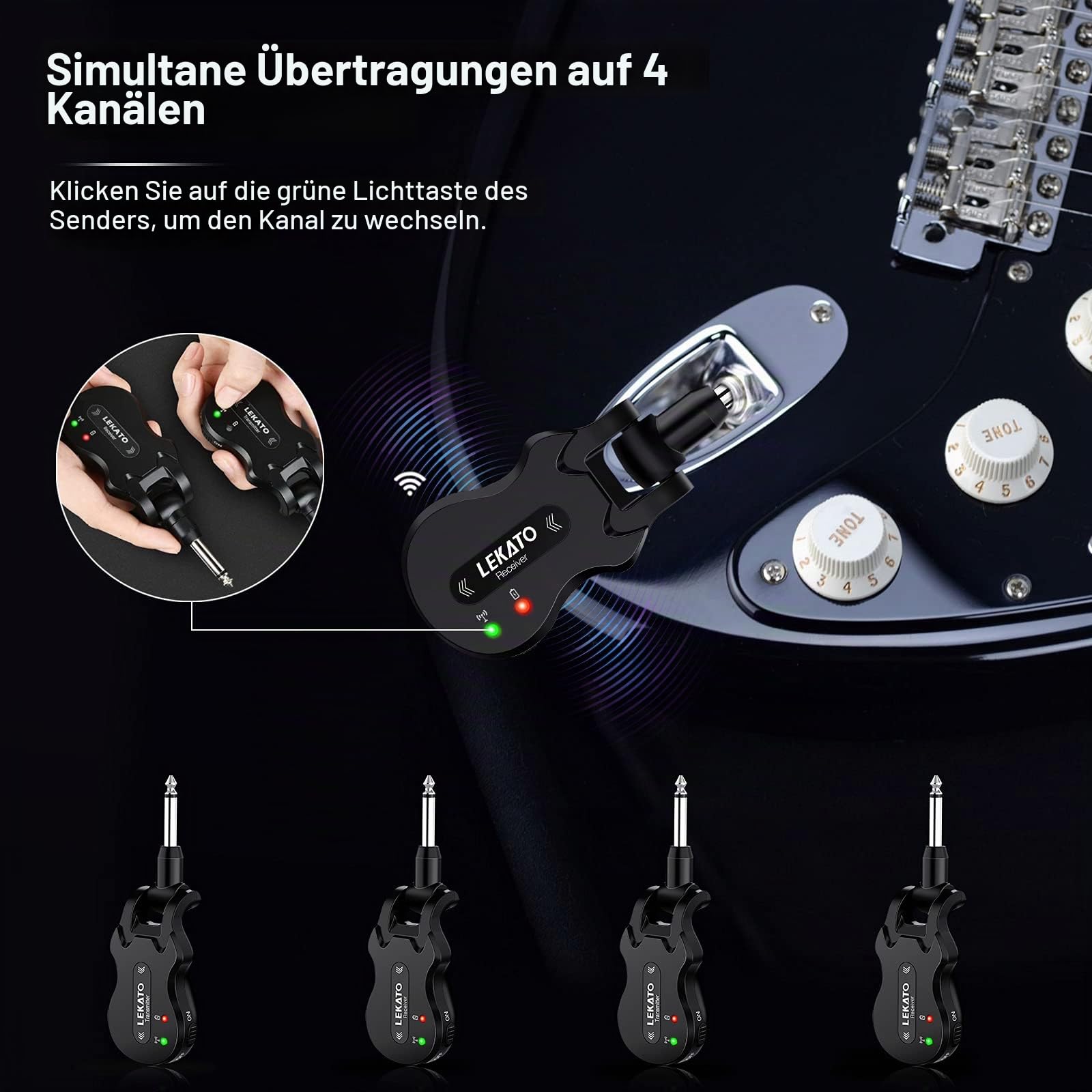 LEKATO 5,8 GHz Drahtloses Gitarrensystem Drahtloses Gitarrensystem Wiederaufladbares digitales Gitarrenkabel mit starker Anti-Interferenz-Fähigkeit für Bassgitarren