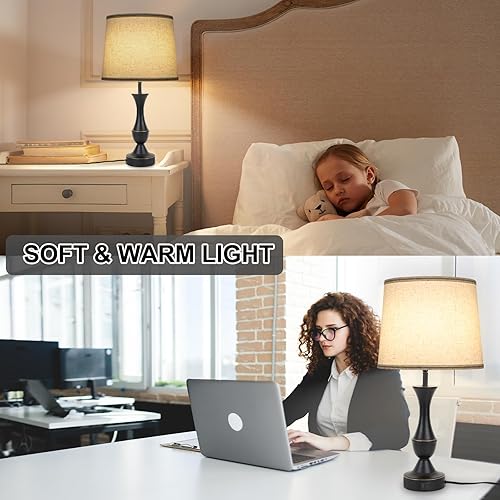 Miniatura 5 de Juego de 2 lámparas táctiles para dormitorios, lámpara de mesa de granja con puerto de carga USB C, lámparas de mesa de noche regulables de 3 vías