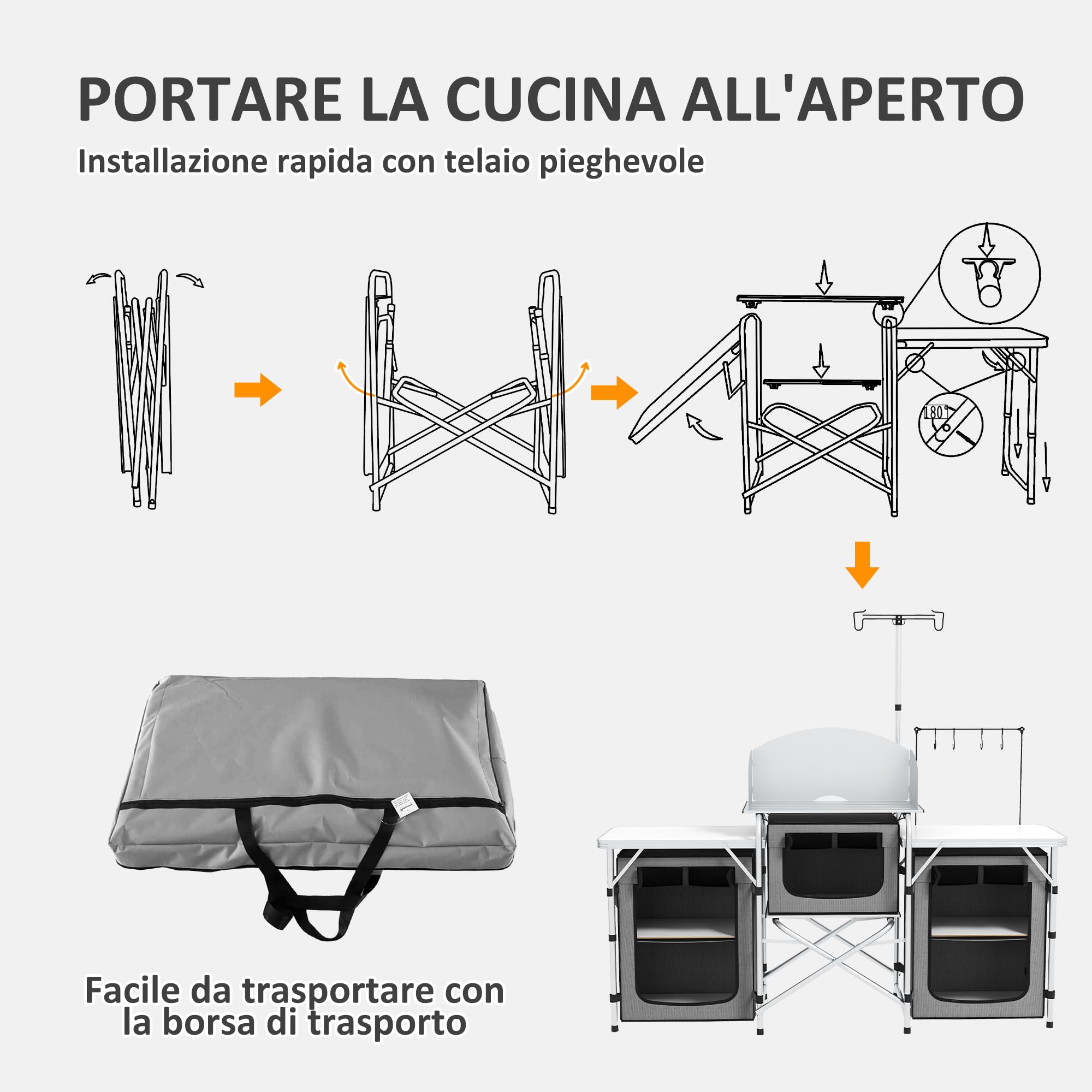 Outsunny Cucina da Campeggio Pieghevole a 3 Piani con 5 Ripiani Interni e 4 Ganci, in Alluminio, MDF e Tessuto Oxford, 172x48x119 cm, Grigio e Argento
