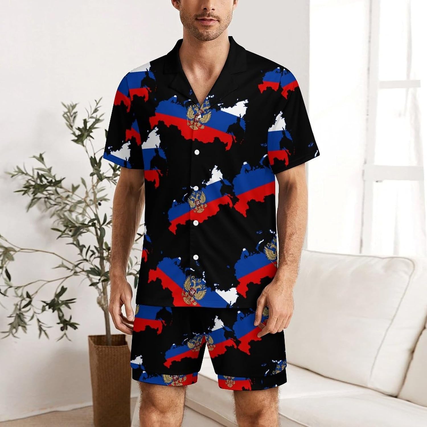 Russian Eagle Map of Russia Men's Short Sleeve Pajama Set Satin Silk Like Lounge Sleepwear
