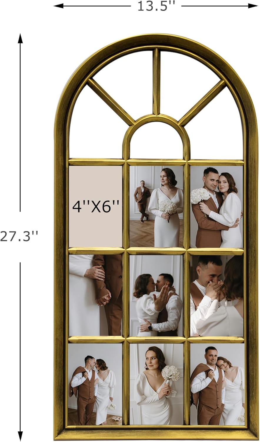 J.M.Deco Arched Collage Picture Frames for Wall Decor, Holds 9 Pieces 4 x 6 Photos, Gallery Photo Frame Wall Hanging - Retro Gold