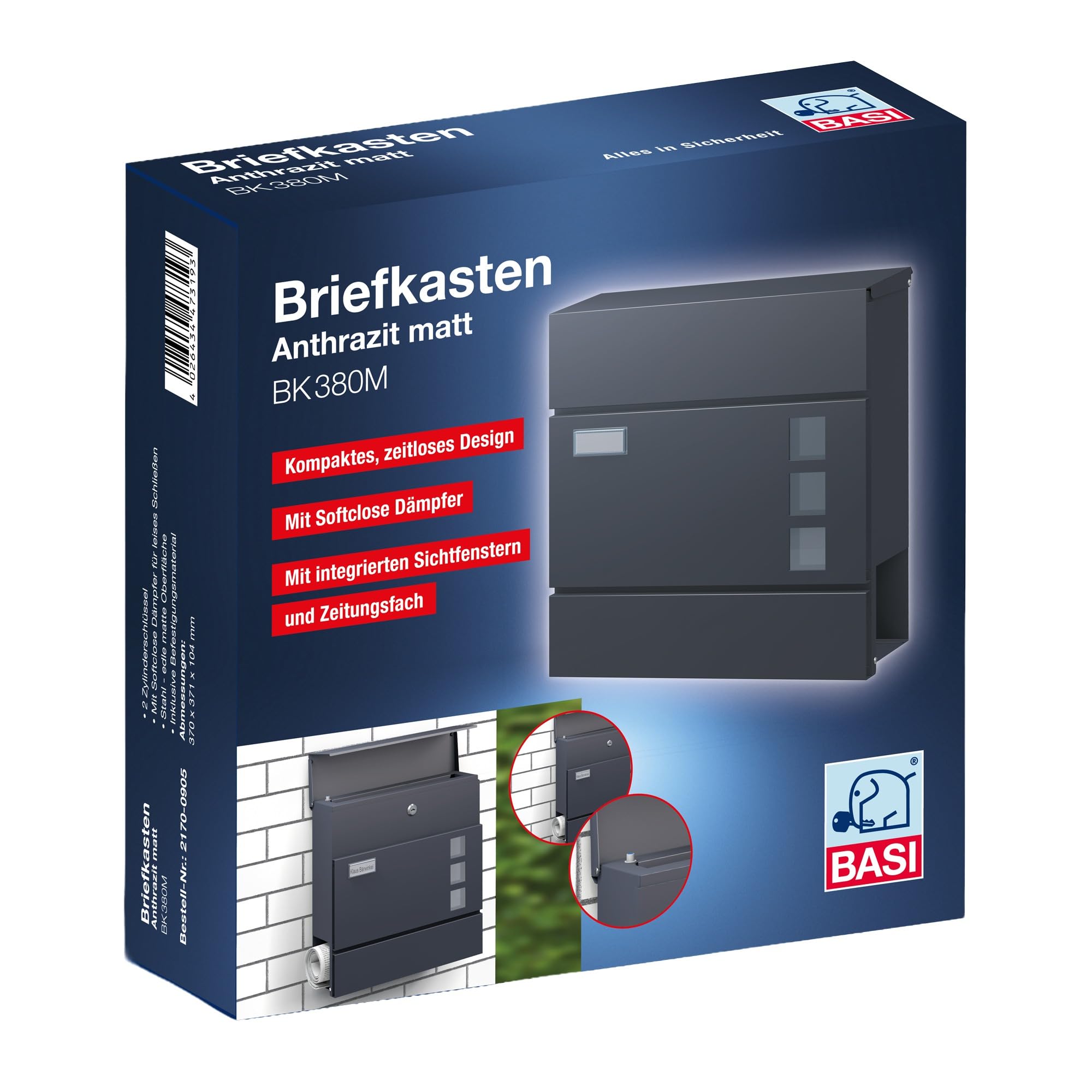 BASI | Briefkasten mit Softclose Klappe, Sichtfenster & Namensschild | DIN A4 Einwurf | inkl. 2 Schlüssel | integriertes Zeitungsfach | H37 x B37 x T10,4 cm | anthrazit | Wandbriefkasten Postkasten