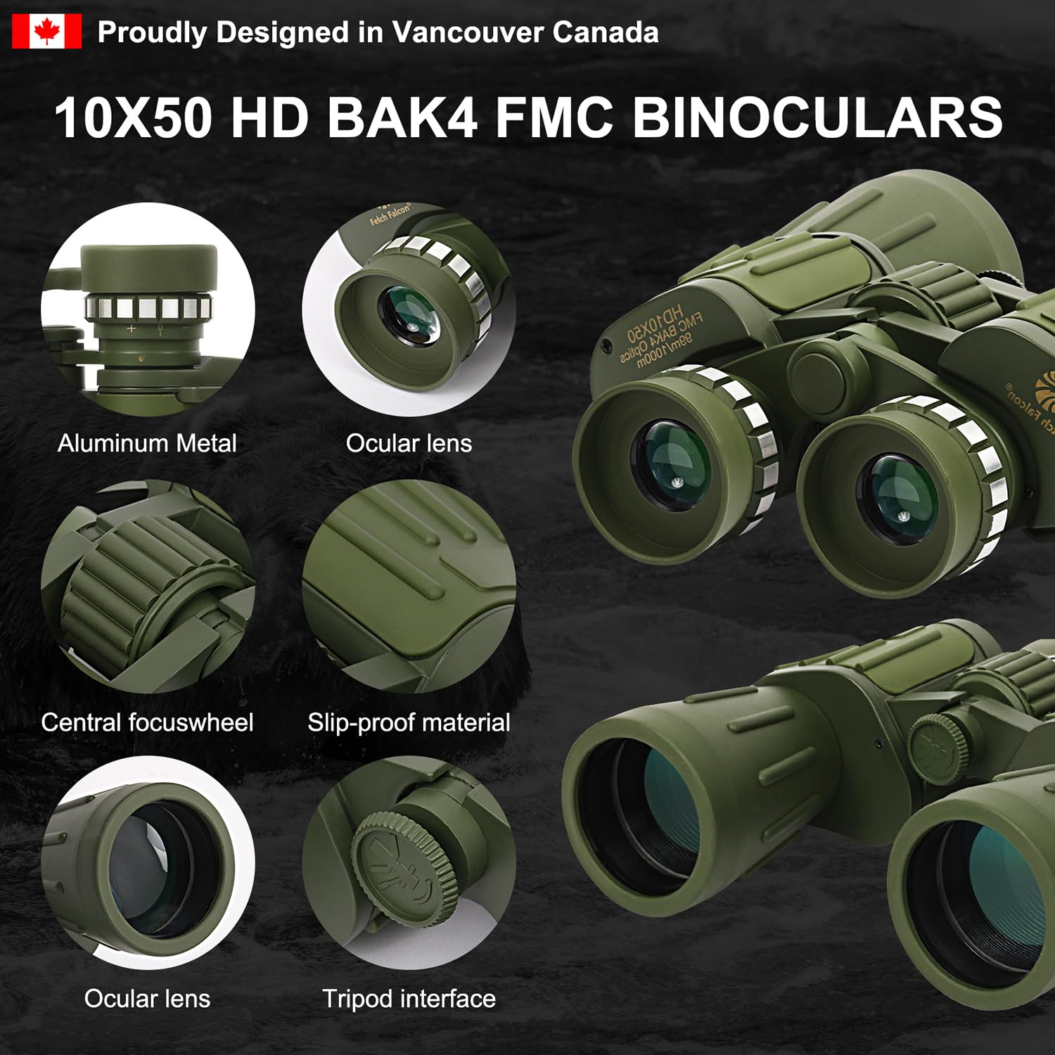 Fetch Falcon - Binoculares militares de aluminio BAK4 FMC de 10 x 50 pulgadas (tercera generación, compactos de alta potencia) para viajes, turismo, observación de aves y deportes al aire libre (verde 2