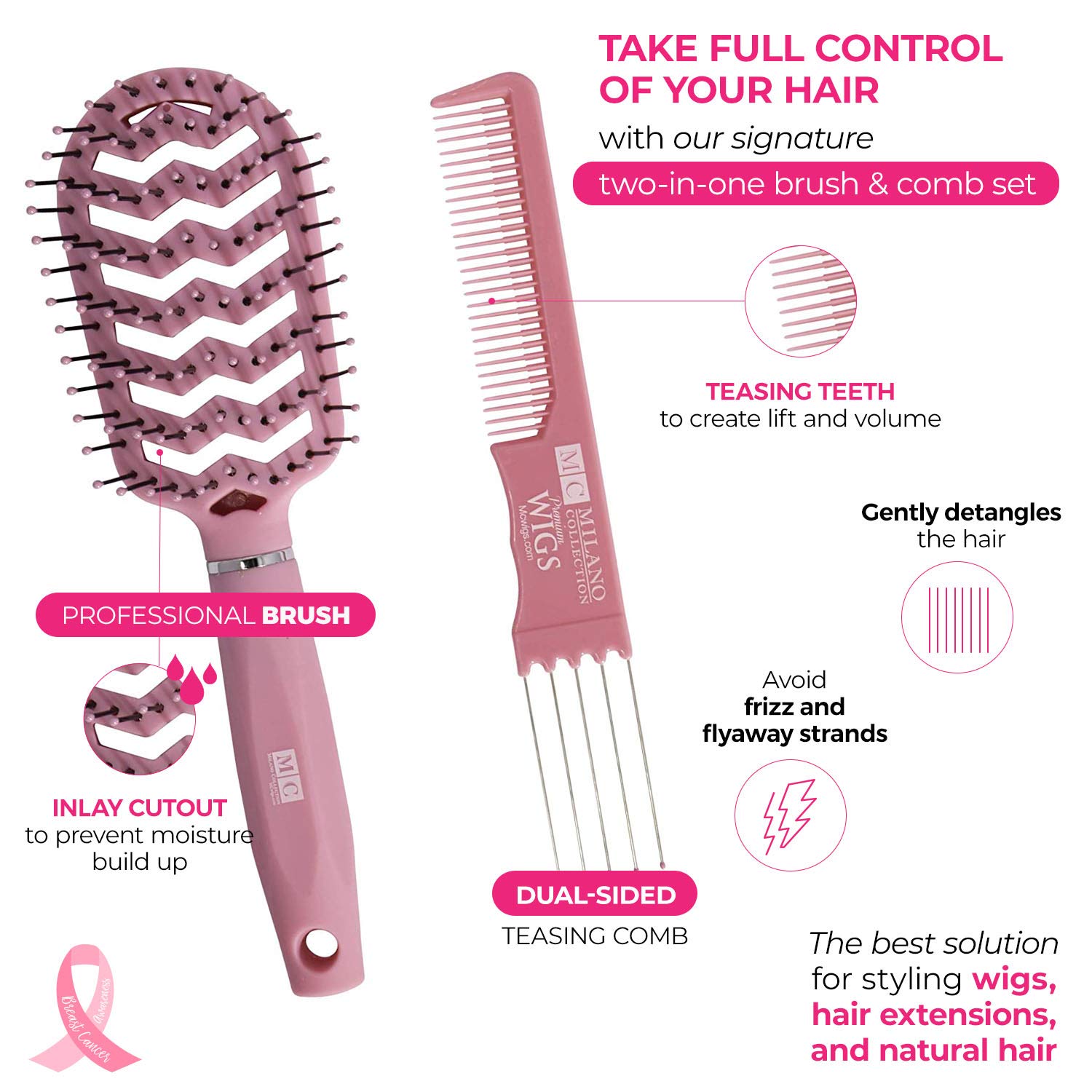 Milano Collection Professional Wig and Extension, No Tangle, Durable, Salon Grade Brush and Teasing Comb Duo, Brush and Comb Set - Pink