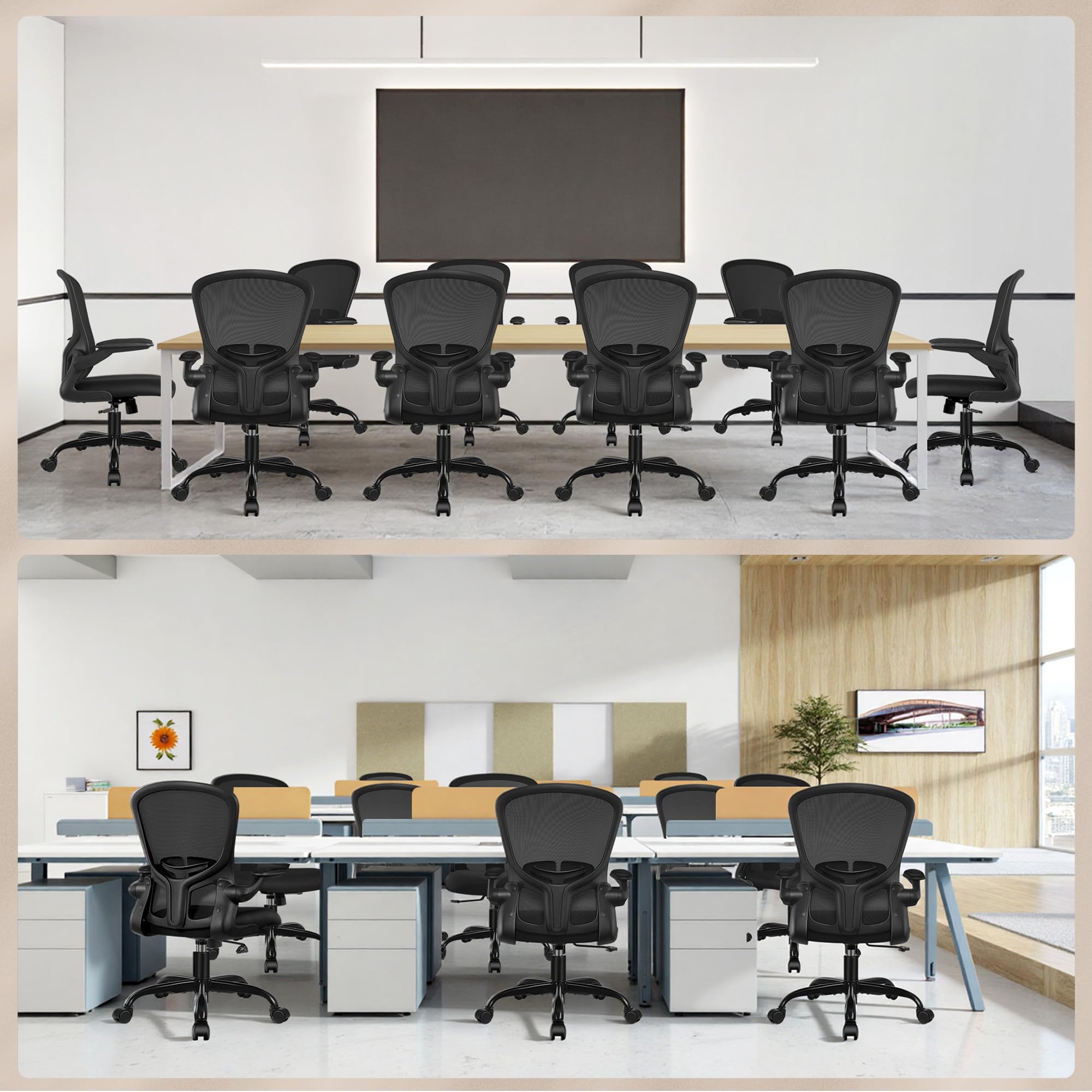 FelixKing Office Desk Chairs, Ergonomic PC Desk Chair with Wheels, Adjustable Lumbar Support and Height, Swivel Computer Chair with Flip-up Armrests, Ergo Mesh Backrest for Working (Black, Pack of 2)