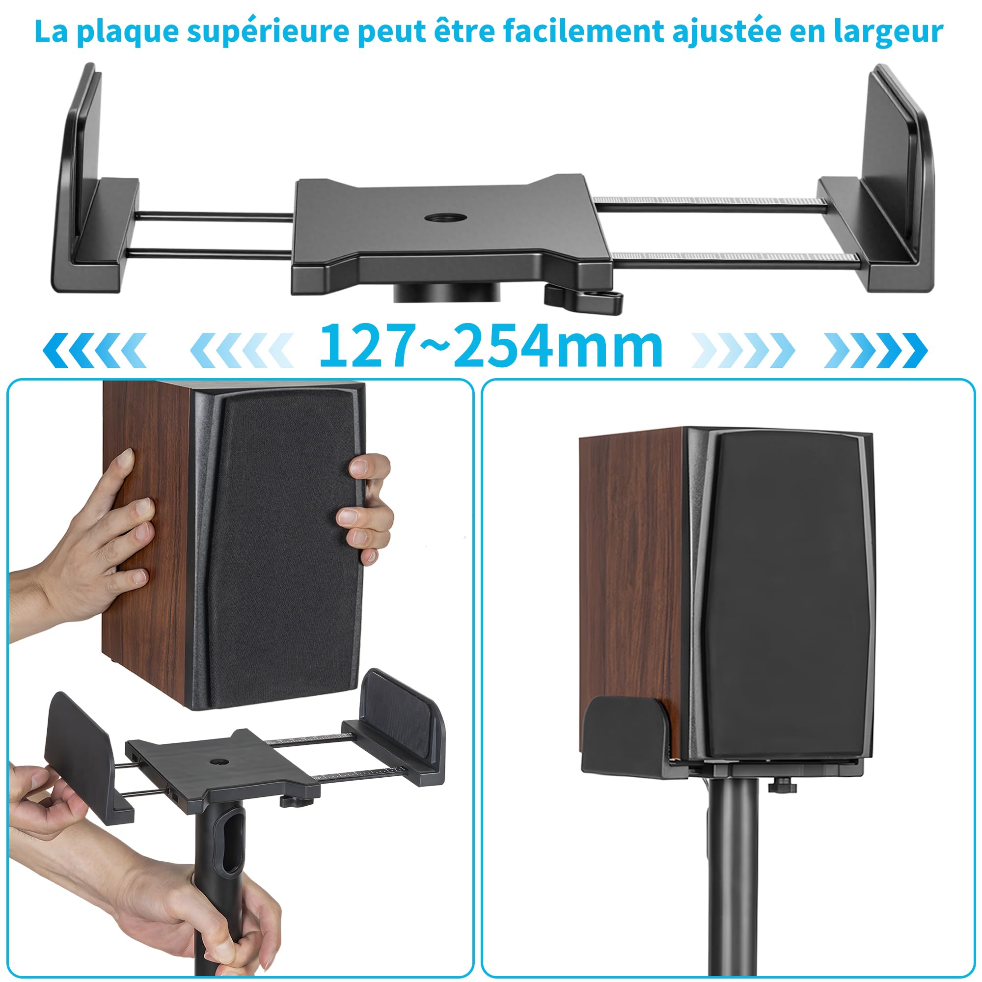OUUTMEE Lot de 2 Supports d'Enceinte Réglable en Hauteur, Pieds d'Enceinte de Sol avec Gestion des Câbles Jusqu'à 5KG, Supports de Haut-parleurs pour Enceintes Satellites (Noir)