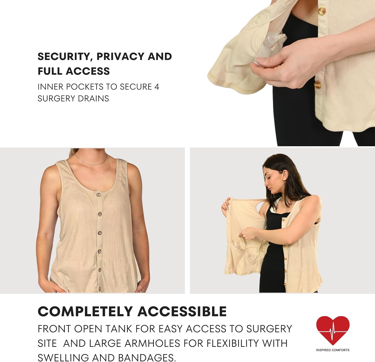 Inspired Comforts Post Surgery Mastectomy Recovery Ribbed Tank top with Drain Pocket & Button Front - Image 2
