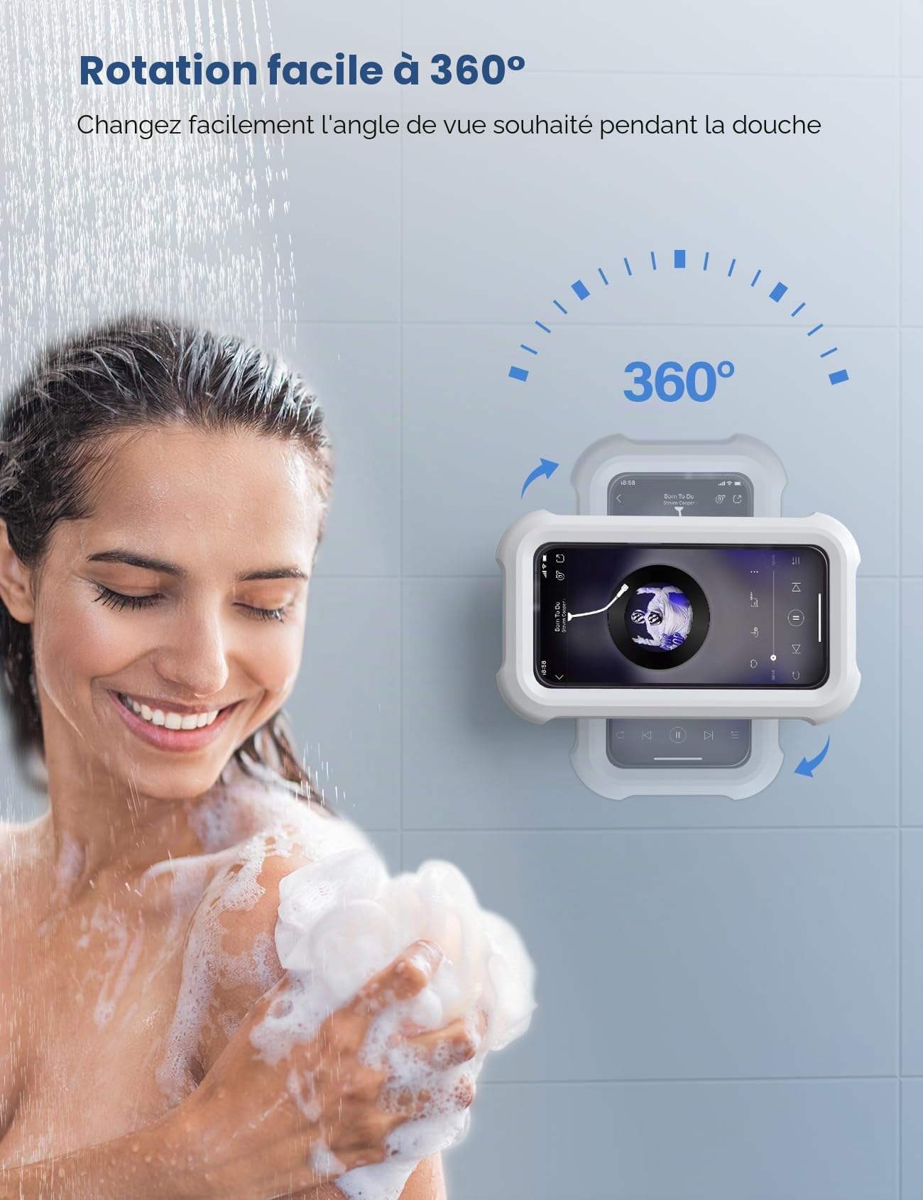 Lamicall Support de Téléphone de Douche Étanche, Étui Boîtier de Téléphone Étanche pour Mural - [360°Rotation & 120°Réglable] 3 Crochets Muraux Adhésifs, Support Mural de Bain pour 4 à 7" Smartphone