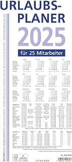 Zettler - Urlaubsplaner 2025 weiß/blau, 100x29,7cm, Wandplaner mit 16 Monaten auf 1 Seite, für 25 Personen, gefalzt auf 14x29,7cm, Monatsübersicht und deutsches Kalendarium