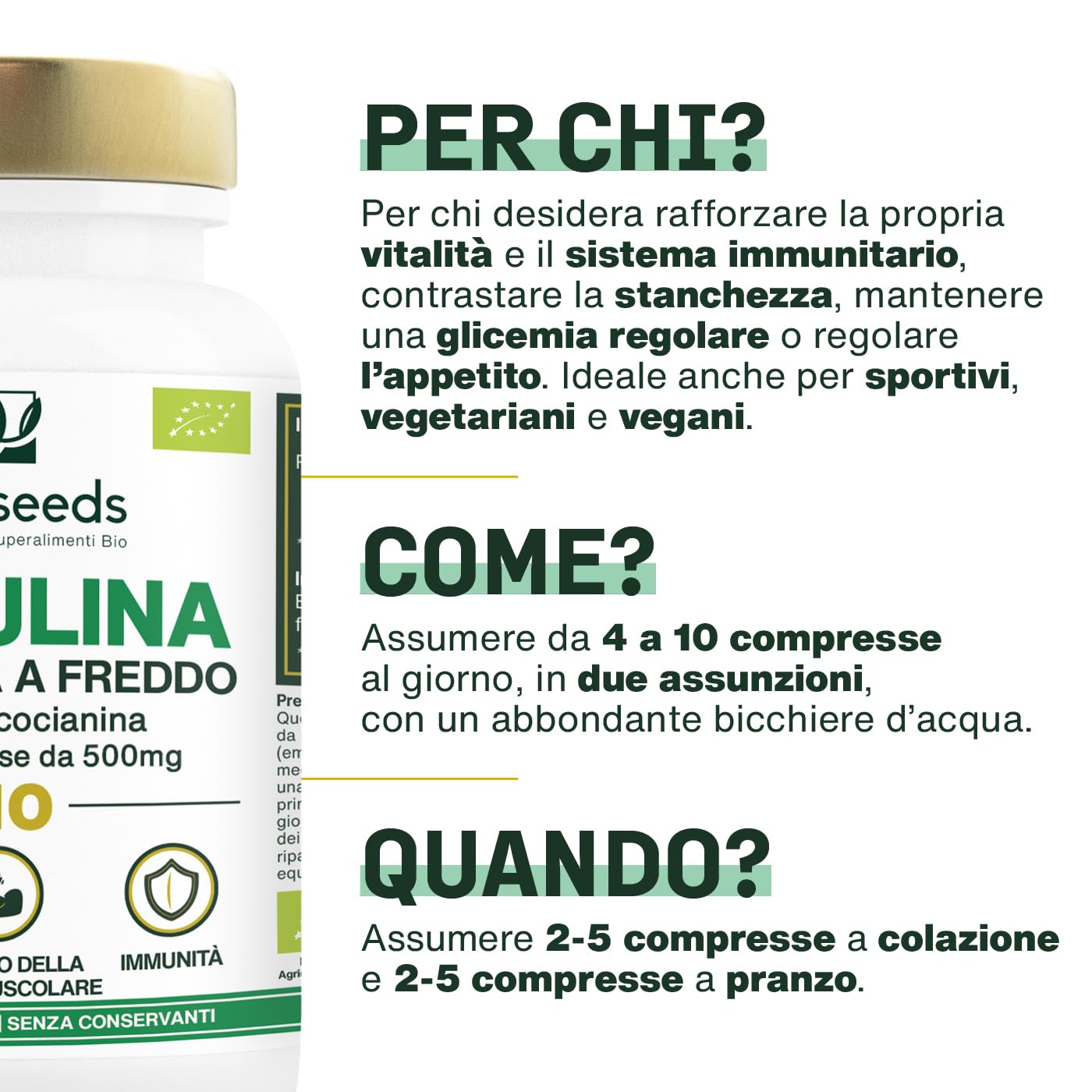 Spirulina BIO, 4500mg al giorno | 17% Ficocianina, essiccata a freddo | 400 compresse vegane de 500mg | Vitamine, Diminuisce la stanchezza, Sistema immunitario | Qualità superiore