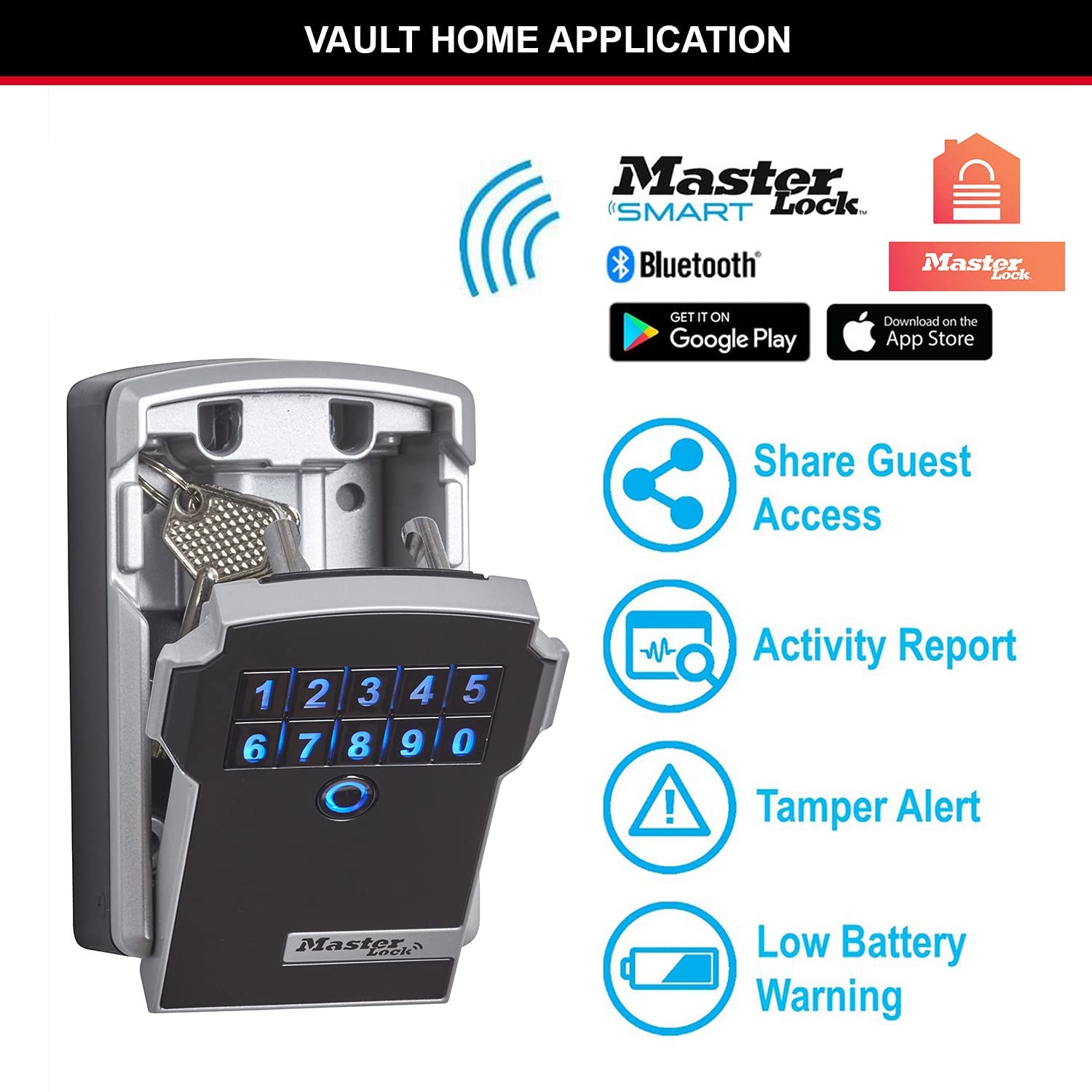 Master Lock Boite à Clés Sécurisée connectée + Câble Rétractable [Bluetooth] [Fixation Murale] - 5441EURD - Select Access Smart Partagez Un accès à Vos Clés à Distance