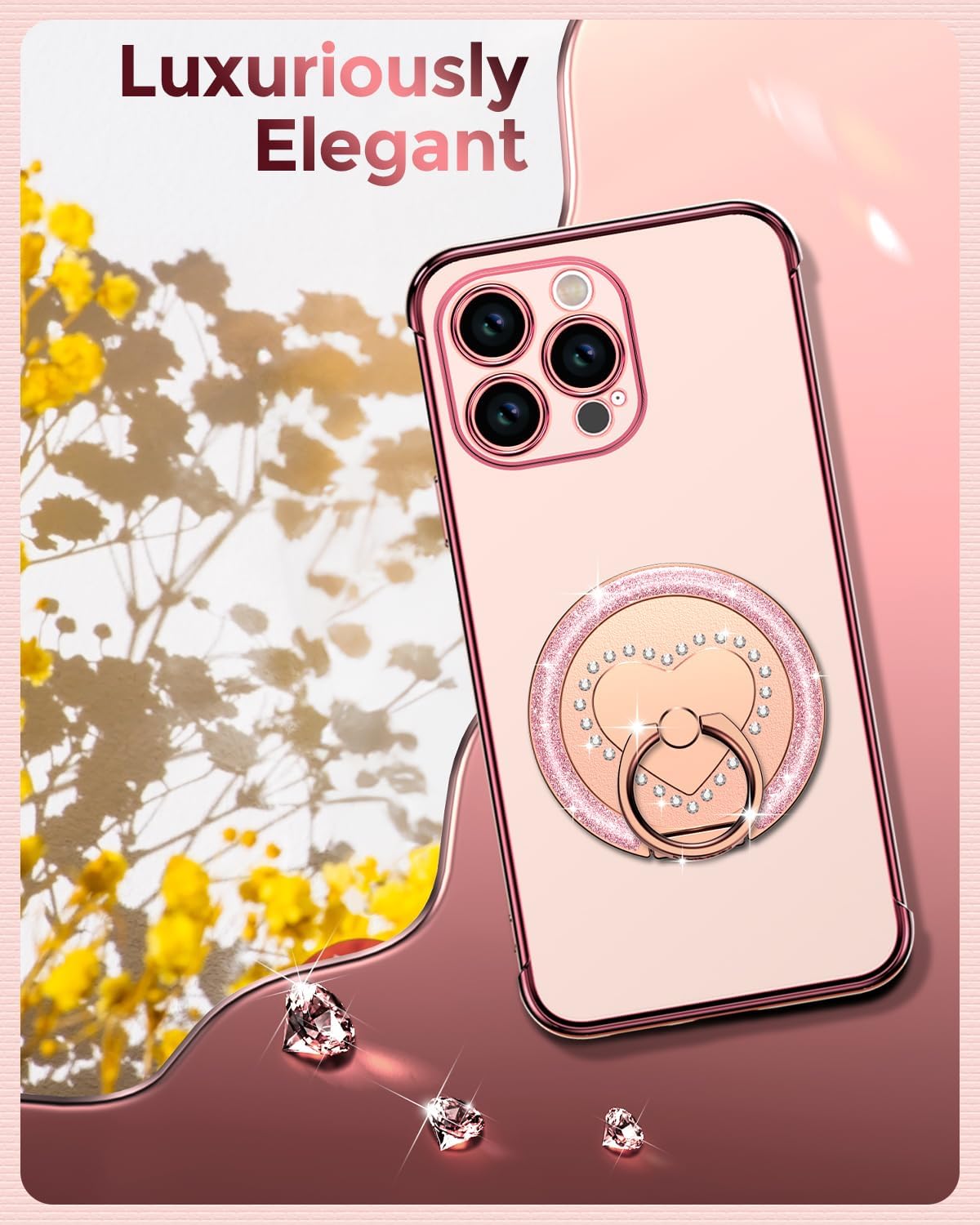 Silverback for iPhone 16 Pro Max Case with Stand, Rotatable Ring Holder & Makeup Mirror, Women Girls Glitter Sparkle Heart Design Protective Cover for iPhone 16 Pro Max 6.9 inch, Pink - Image 5