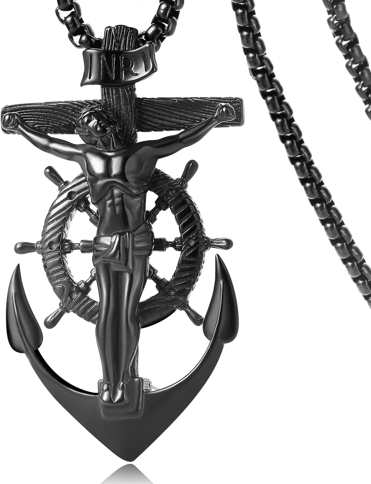 YAMIYAMI Cross Necklace for Men, Titanium Steel Crucifix Jesus Boat Rudder Anchor Sailor Mens Holy Pendant with 24 Inches Chain for Boys, Faith Marine Jewelry Gifts, Black