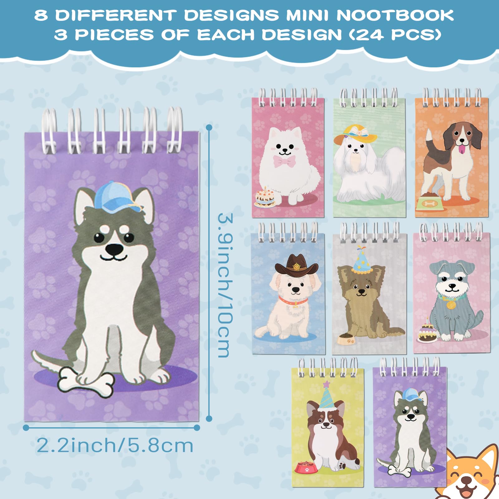 148 szt. upominki na imprezę dla psa, nadruk łapy, upominki na przyjęcie dla szczeniaka, z mini notebookami, długopisy, naklejki, torby na cukierki, artykuły na przyjęcie urodzinowe, klasa