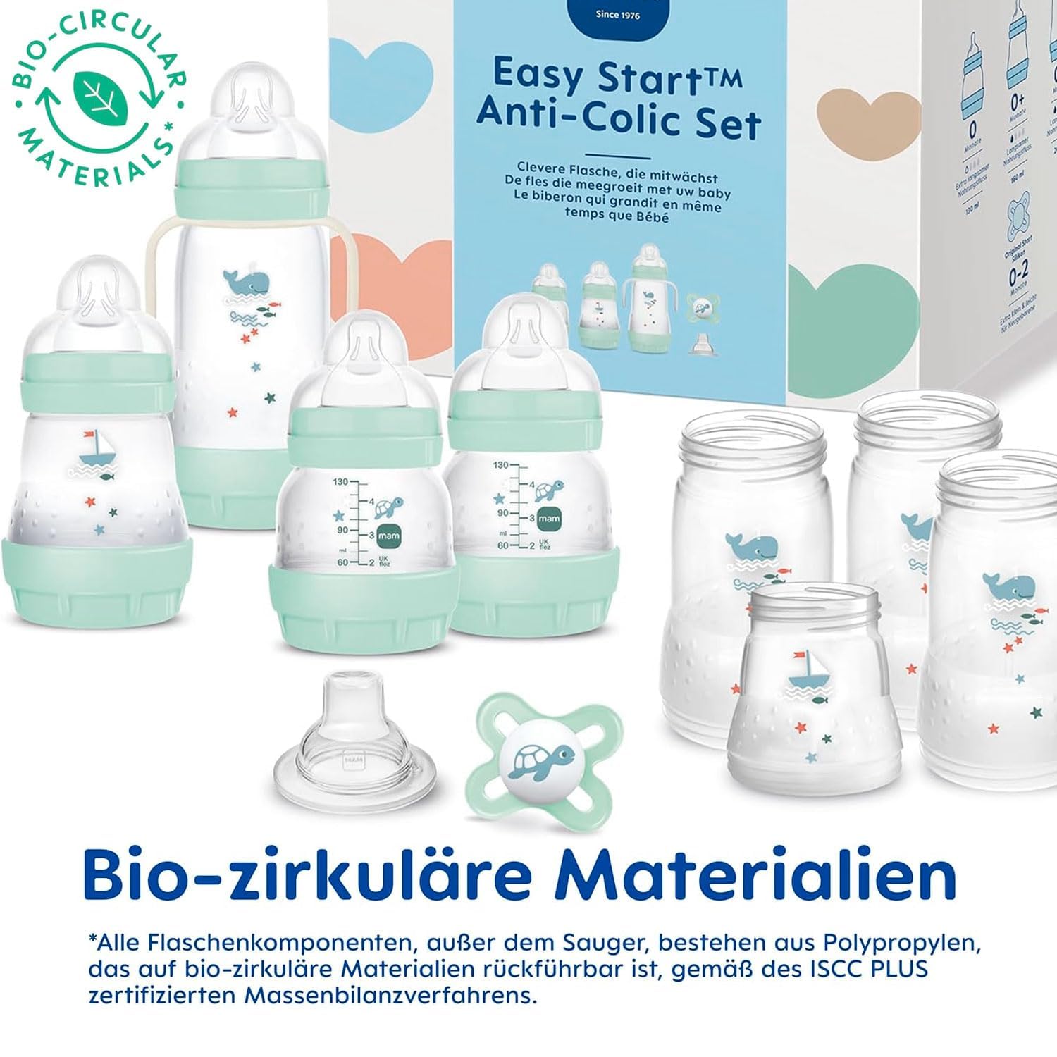 MAM Juego de 19 botellas anticólicos, cepillo, calentador de alimentos para bebés