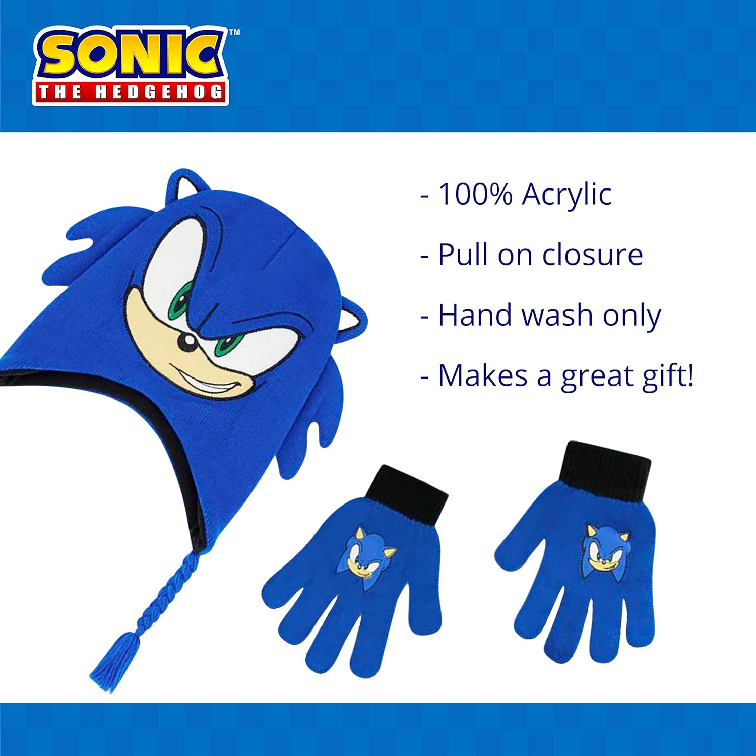 Concept One Sonic The Hedgehog Beanie Hat and Glove Set, Kids Knitted Winter Hat and Gloves, Tassels, Blue, One Size : Clothing, Shoes & Jewelry