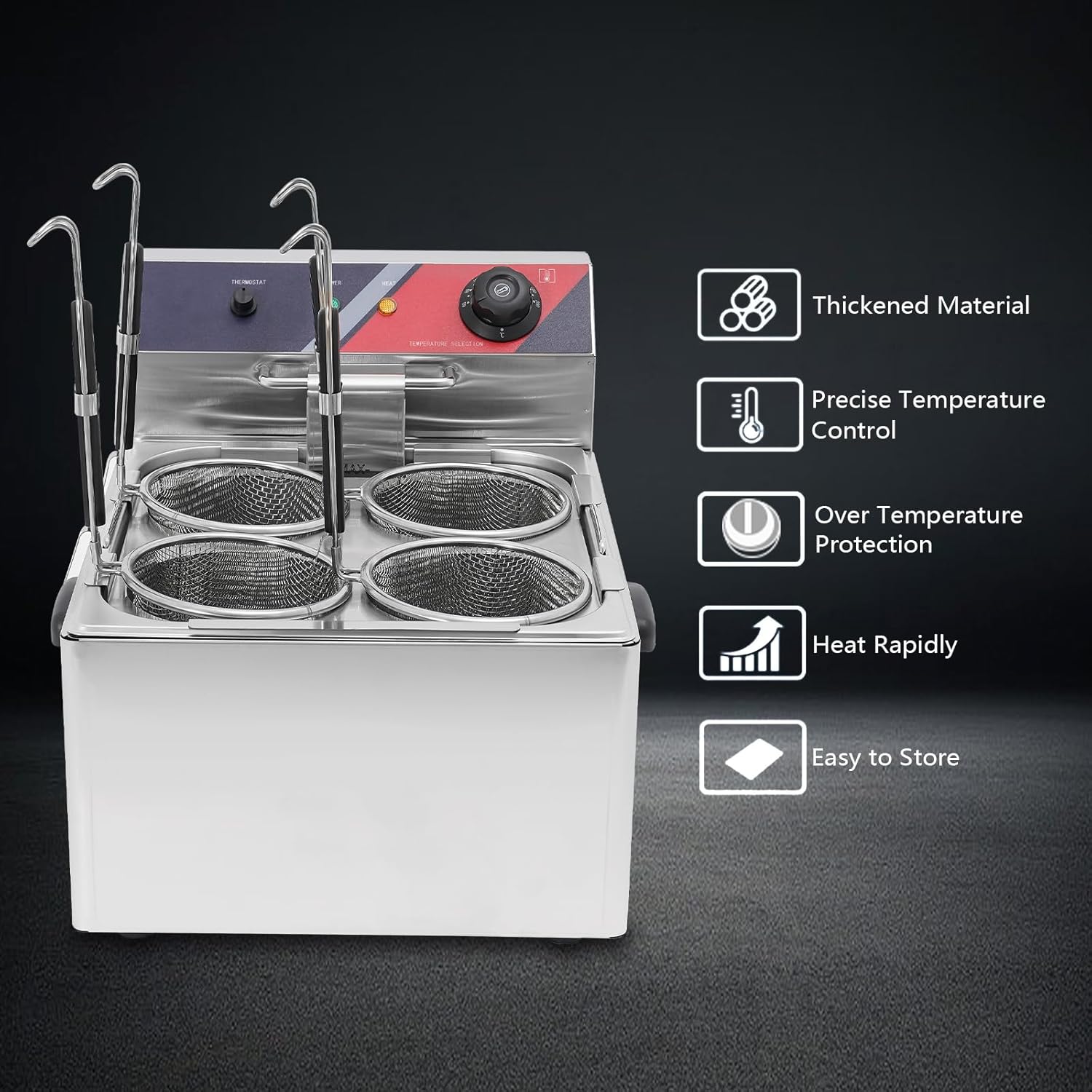 4 Holes Electric Noodles Cooking Machine 3500W Commercial Pasta Cooker Stainless Steel Electric Pasta Maker with Strainer for Pasta Noodles Dumplings Adjustable Temperature 140-392 ℉
