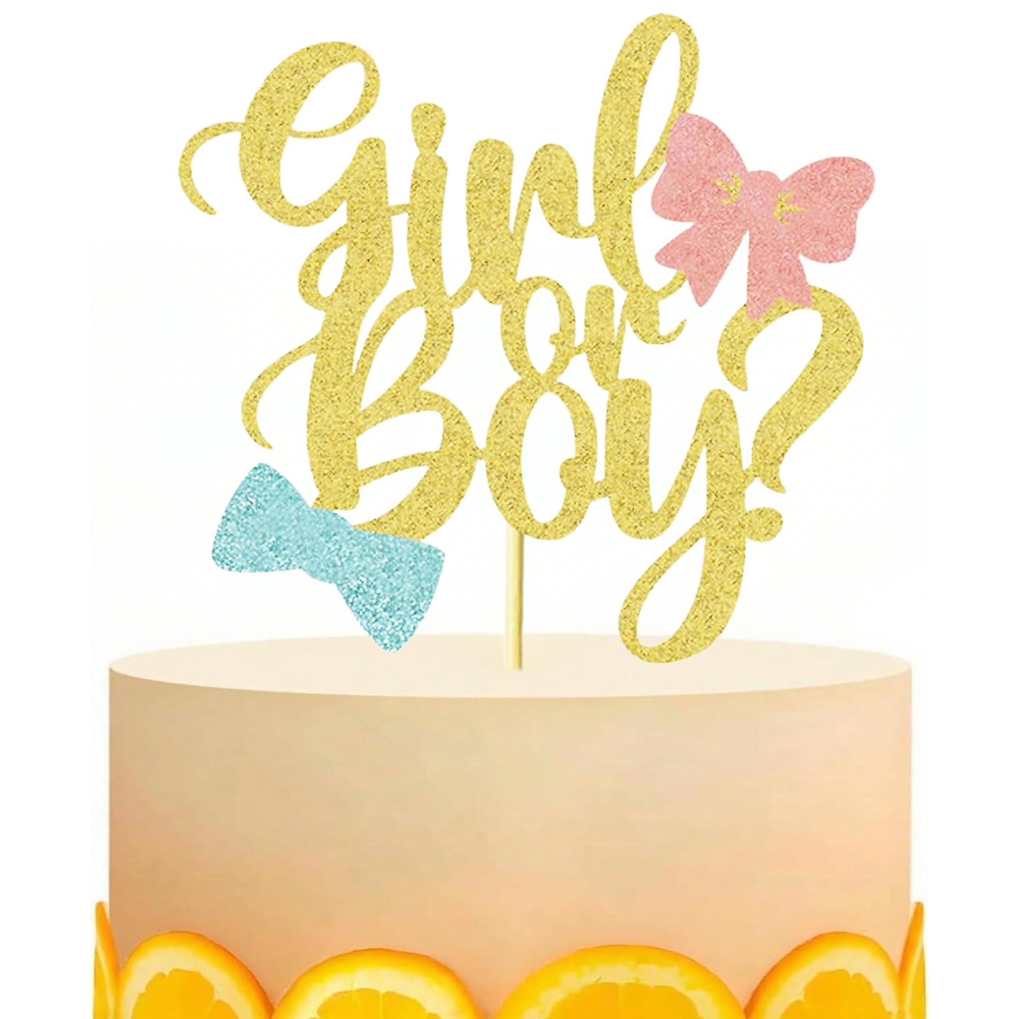 Gold Glitter Boy or Girl Cake Topper - Pink or Blue Bow Cake Decorations, Baby Shower and Gender Reveal Themed Birthday Party Cake Decor Supplies