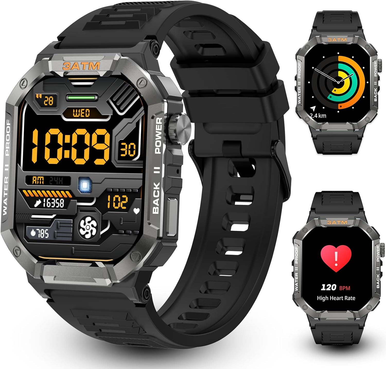 ZiCOWAY Military Smart Watch H12, front view with multiple watch faces