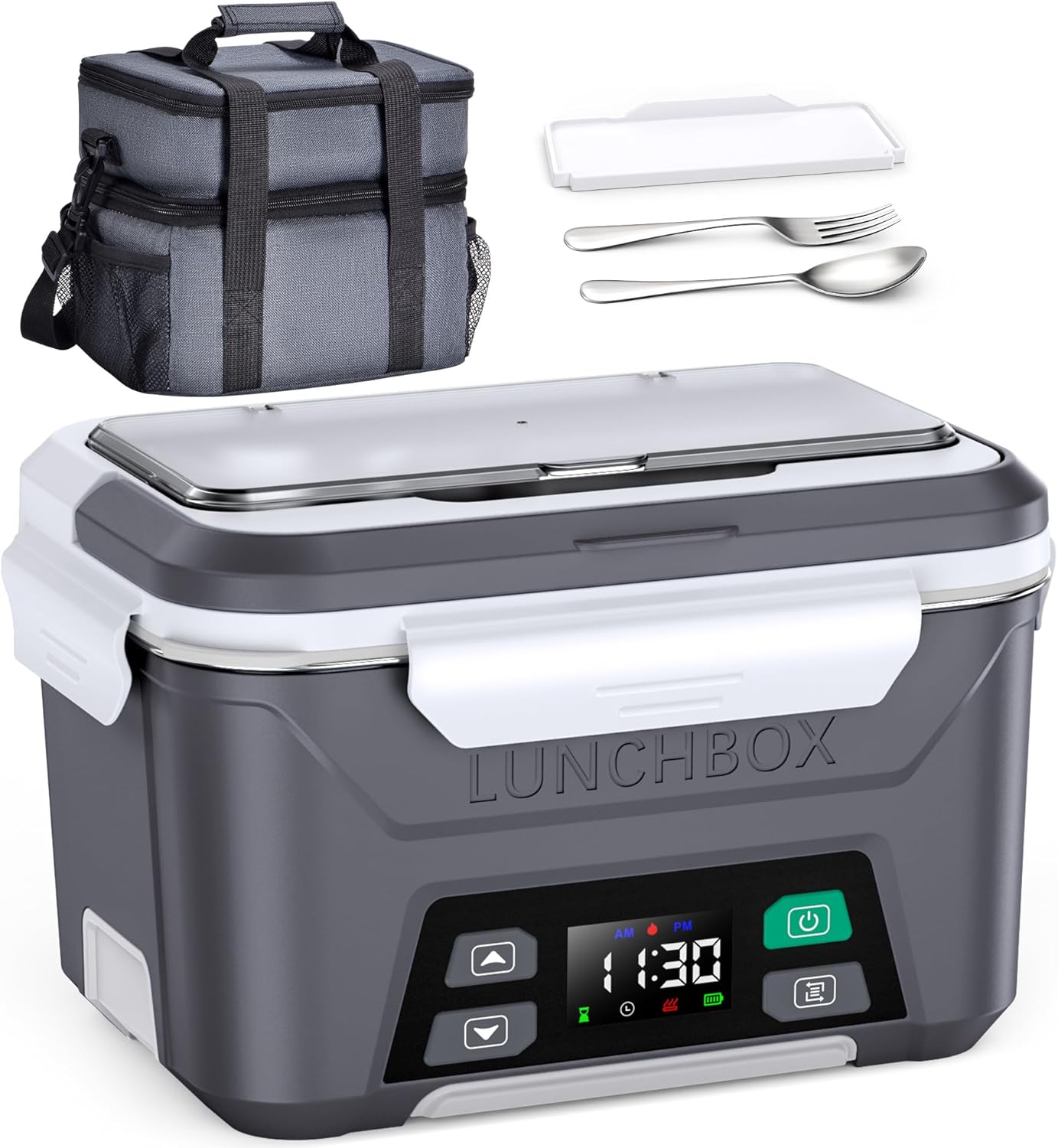 Rechargeable Heated Lunch Box for Men, 1.3L Cordless Electric Lunch Box for Adults with Smart Scheduled Heating, Portable Food Warmer with Complete Accessories 1.3 L Gray