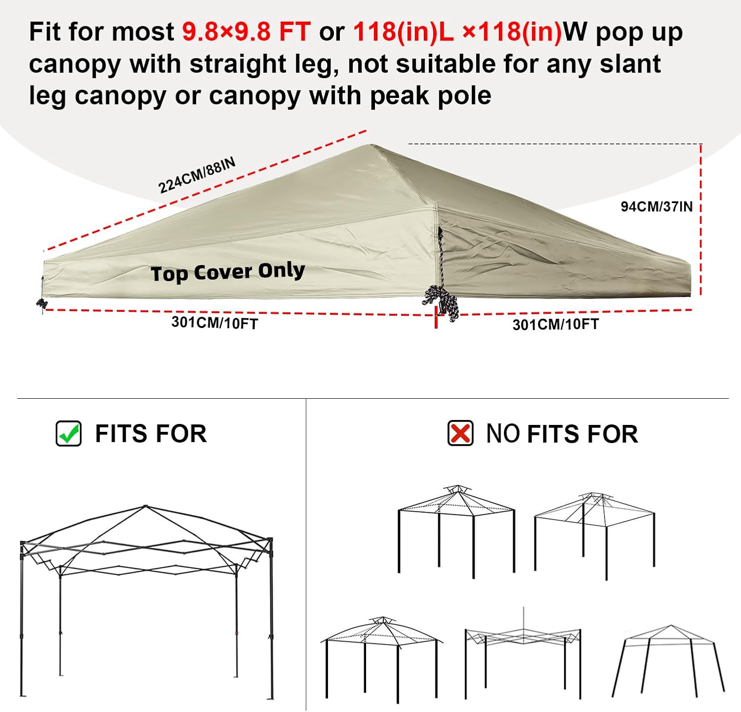 10x10 Canopy Replacement Top,Sliver-Coated Pop Up Canopy Tent Top Cover Roof with Ropes and Velcro,UV Waterproof for Outdoor Garden Patio Pavilion Sun Shade (Top Only, Khaki)