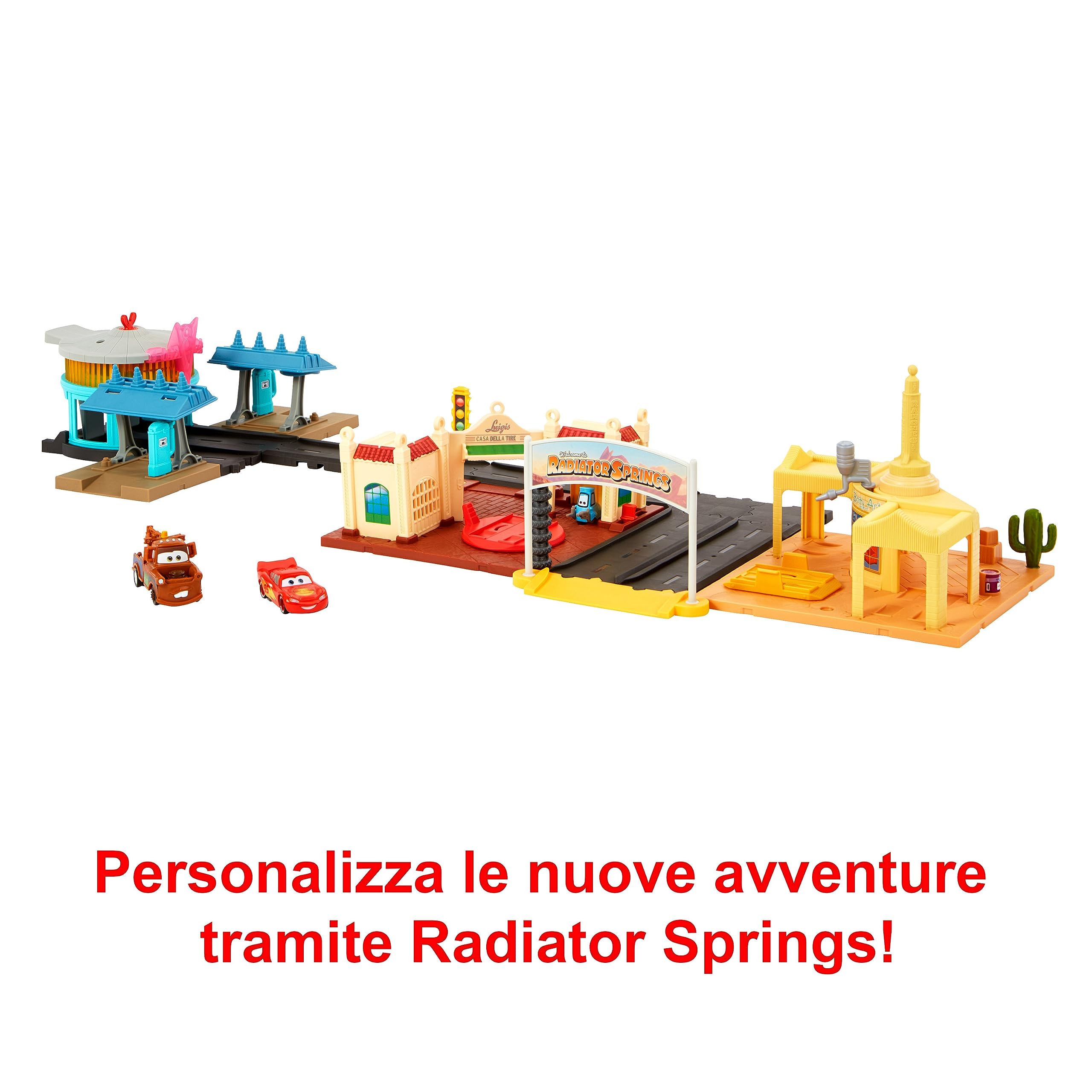 Disney Pixar Cars On The Road - Visita a Radiator Springs, playset dei luoghi del film, con 2 veicoli Saetta McQueen e Cricchetto, conto alla rovescia luminoso, giocattolo per bambini, 4+ anni, HGV68