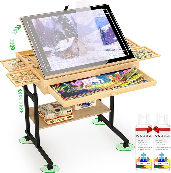 Large Puzzle Table with Drawer for 300-1500 Piece Jigsaw Puzzles – Adjustable Height & Angle, Wooden Puzzle Board with Felt PP Cover, Storage Shelf, Metal Stand, Wheels for Adults & Enthusiasts