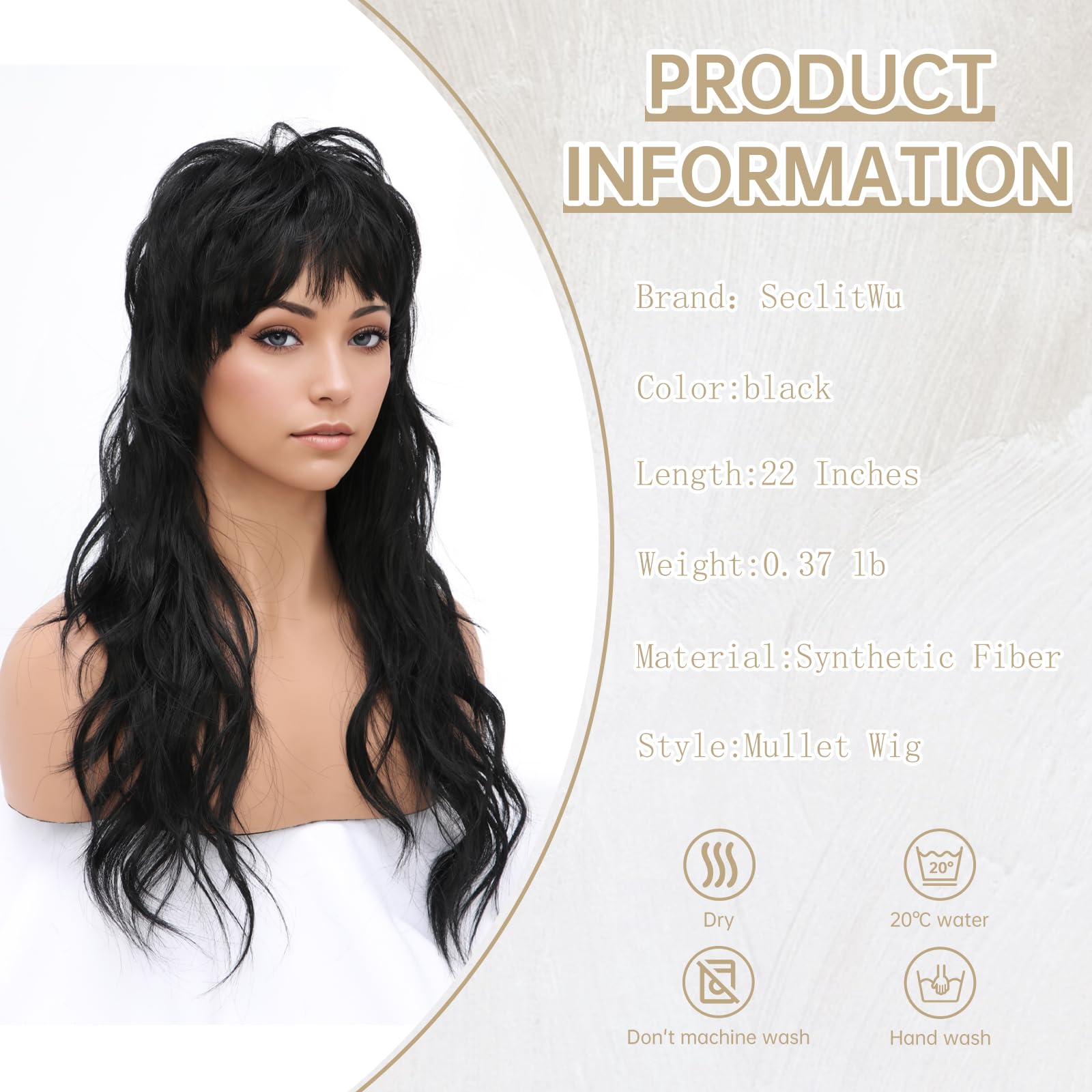 SeclitWu 80s 90s Retro Black Mullet Wigs Pixie Cut Wigs with Bangs for Women Wolf Cut Wig Middle Part Black Synthetic Heat Resistant Fiber Costumes Cosplay Hair Wig for Daily Party Use (22 Inch) - Image 3