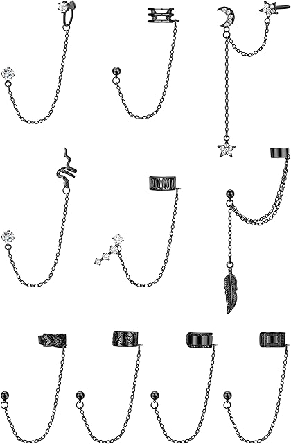 ADRAMATA 10Pcs Ear Cuff Earrings Chain for Women Snake Feather Ear Cuff Moon Star Ear Climber Helix Cartilage Crawler Earrings Tassel Chain Ear Cuff Earrings for Women Girls