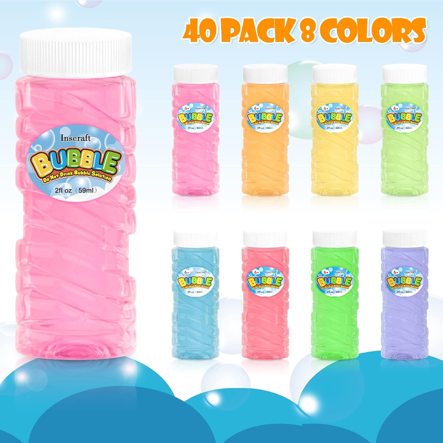 INSCRAFT 40 Pack Bubbles Solution Bulk, Party Favors for Kids Adults, 8 Colors Bottles with Wands for Birthday, Summer Toy, Weddings, Outdoor Activity, Refill for Bubbles Machine Blower