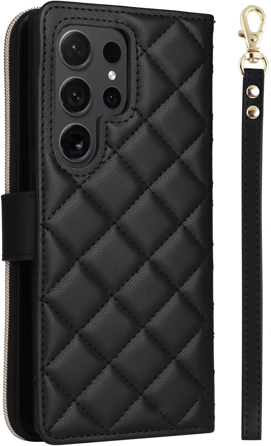 Asuwish Phone Case for Samsung Galaxy S24 Ultra 5G Wallet Cover with Tempered Glass Screen Protector Strap Card Holder Slot Stand Leather Flip Cell Zipper S24Ultra 24S S 24 24Ultra Women Girls Black