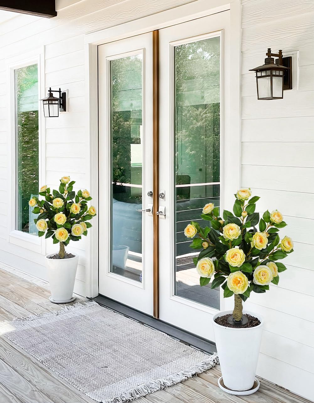 33" Artificial Camellia Tree with Ground Spike, Faux Bushes Plants with Fake Flowers, 2 Pack Realistic Blooming Shrubs for Front Porch Pots, Patio Yard Landscape, Outdoor Garden Walkway Decor, Yellow