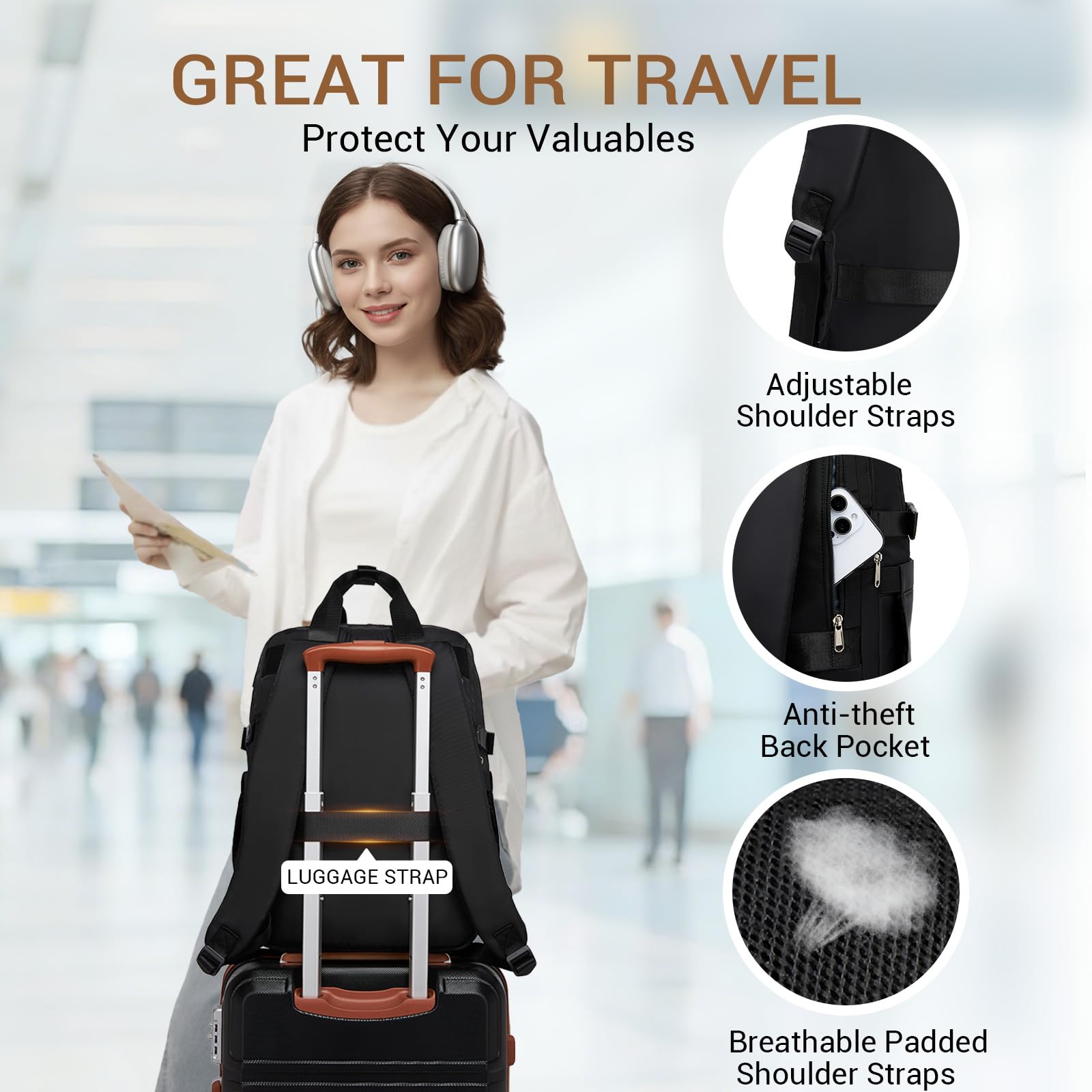 KONO Zaino Donna Porta PC 15,6 Pollici, Impermeabile e Grande Capacità con Tasca Porta Borraccia, Zaino Antifurto per PC Portatile, per Lavoro, Università e Viaggio (Nero)