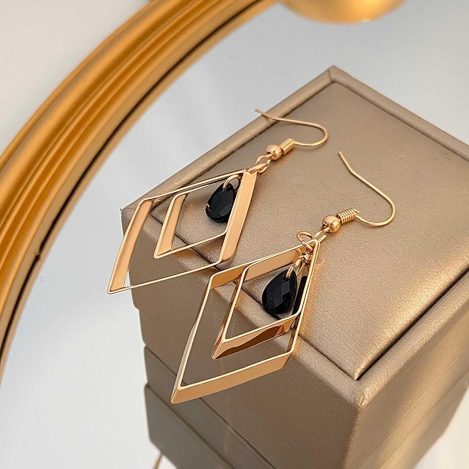 W WEILIRIAN Boho Square Drop Earrings for Women Black Crystal Drop Earrings Teardrop Bead Earrings Hollow Square Dangle Earrings Gold Geometric Earrings Jewelry for Girls Gifts - Image 2