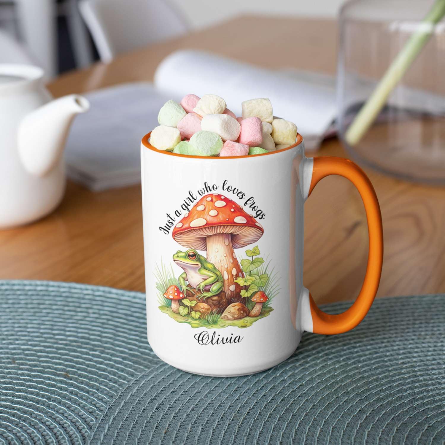 Frog Lover's Gift For Girl, Customized Frog Under Big Mushroom Tea Cups, Personalized Name Just A Girl Who Loves Frogs White Mugs, Frog Present For Natural Lovers, Animal Travel Mugs