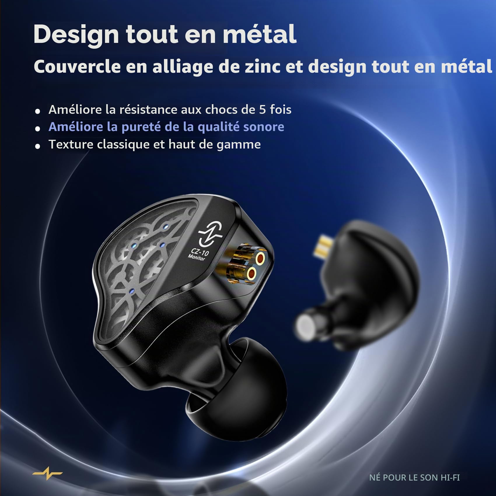 Yinyoo CCZ CZ10 – Écouteurs de jeu filaires IEM 1DD+4BA avec boîtier en alliage de zinc, écouteurs intra-auriculaires avec câble OFC détachable pour audiophiles, joueurs